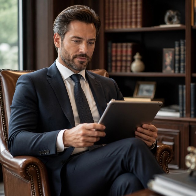 A professional person calmly reviewing documents on a tablet, illustrating the focus and confidence gained through AI support.