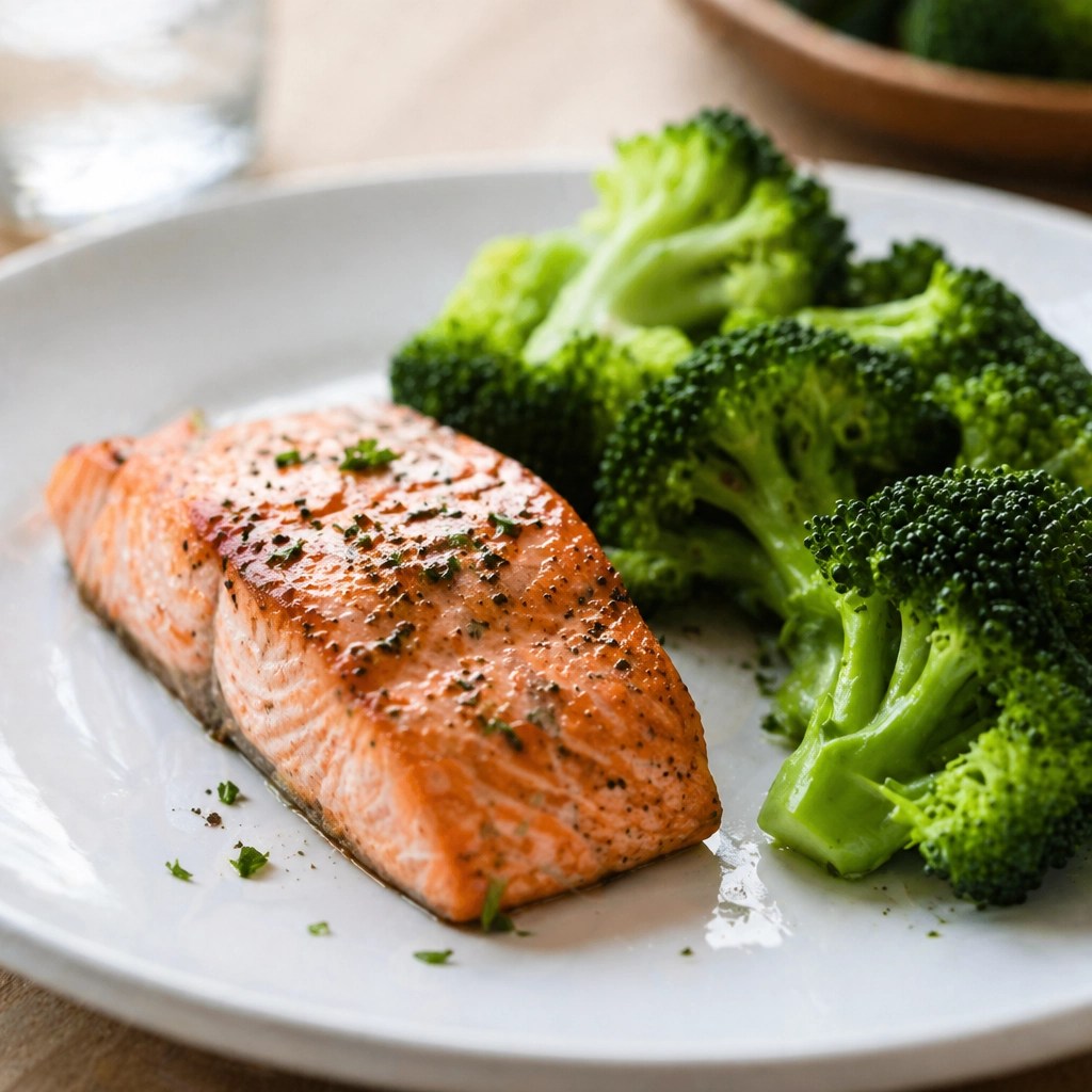 A small, balanced meal of grilled salmon and steamed broccoli on a minimalist white plate, demonstrating healthy portion sizes.