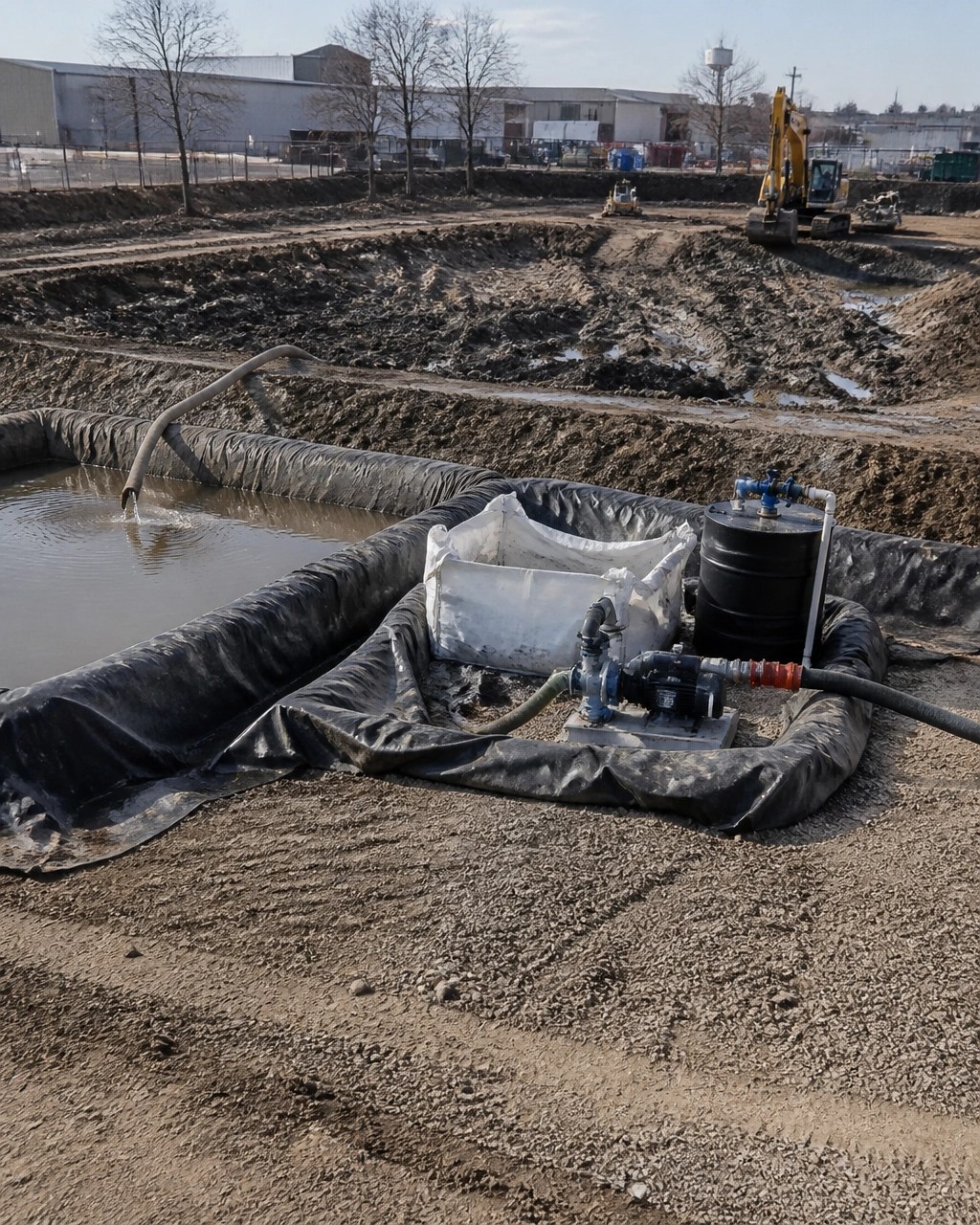 Controlled construction dewatering treatment train with pump hose, settling tank, filtration bag, secondary containment, and protected discharge point at an urban New Jersey redevelopment site