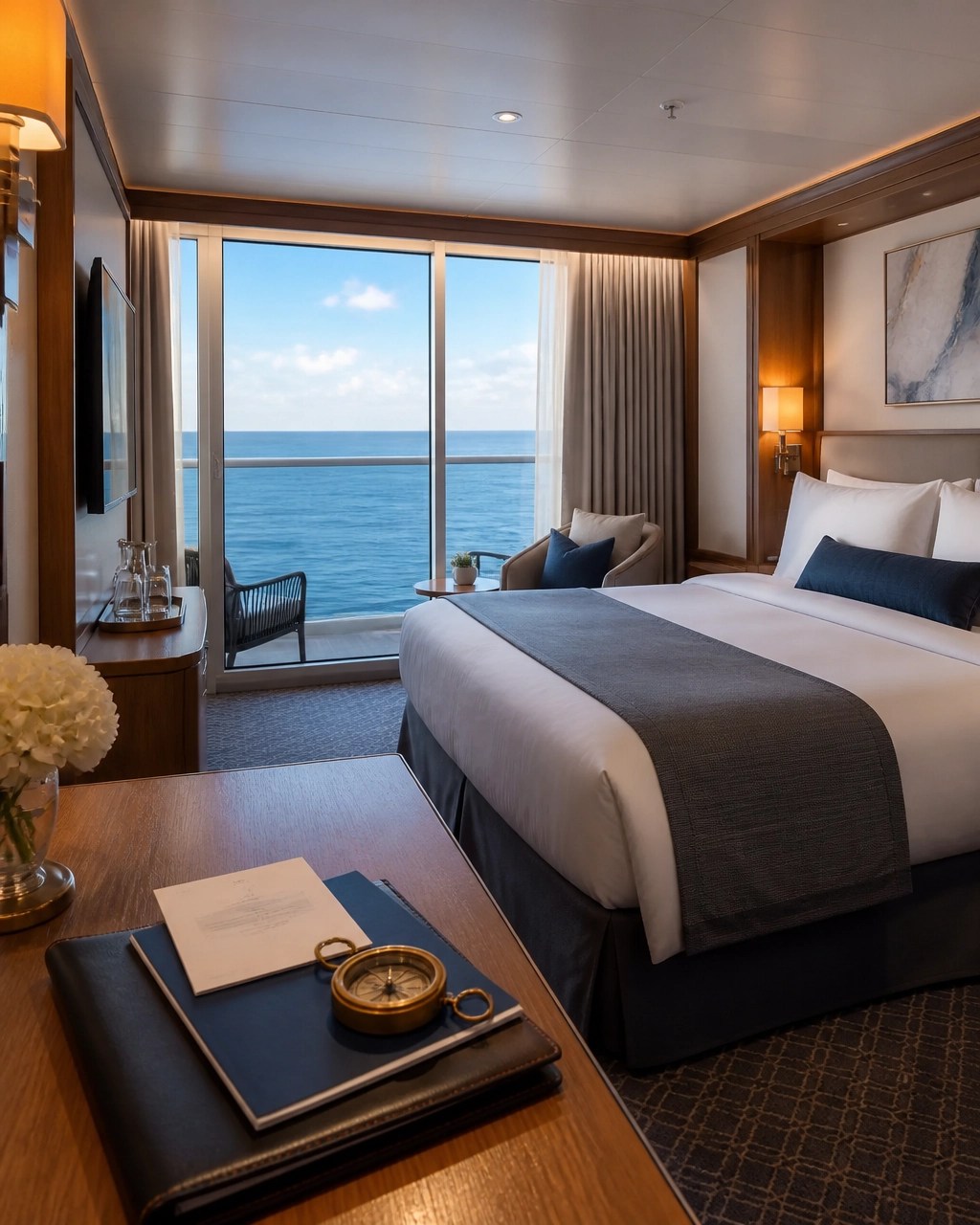 Elegant cruise cabin with balcony views, warm lighting, and refined design details