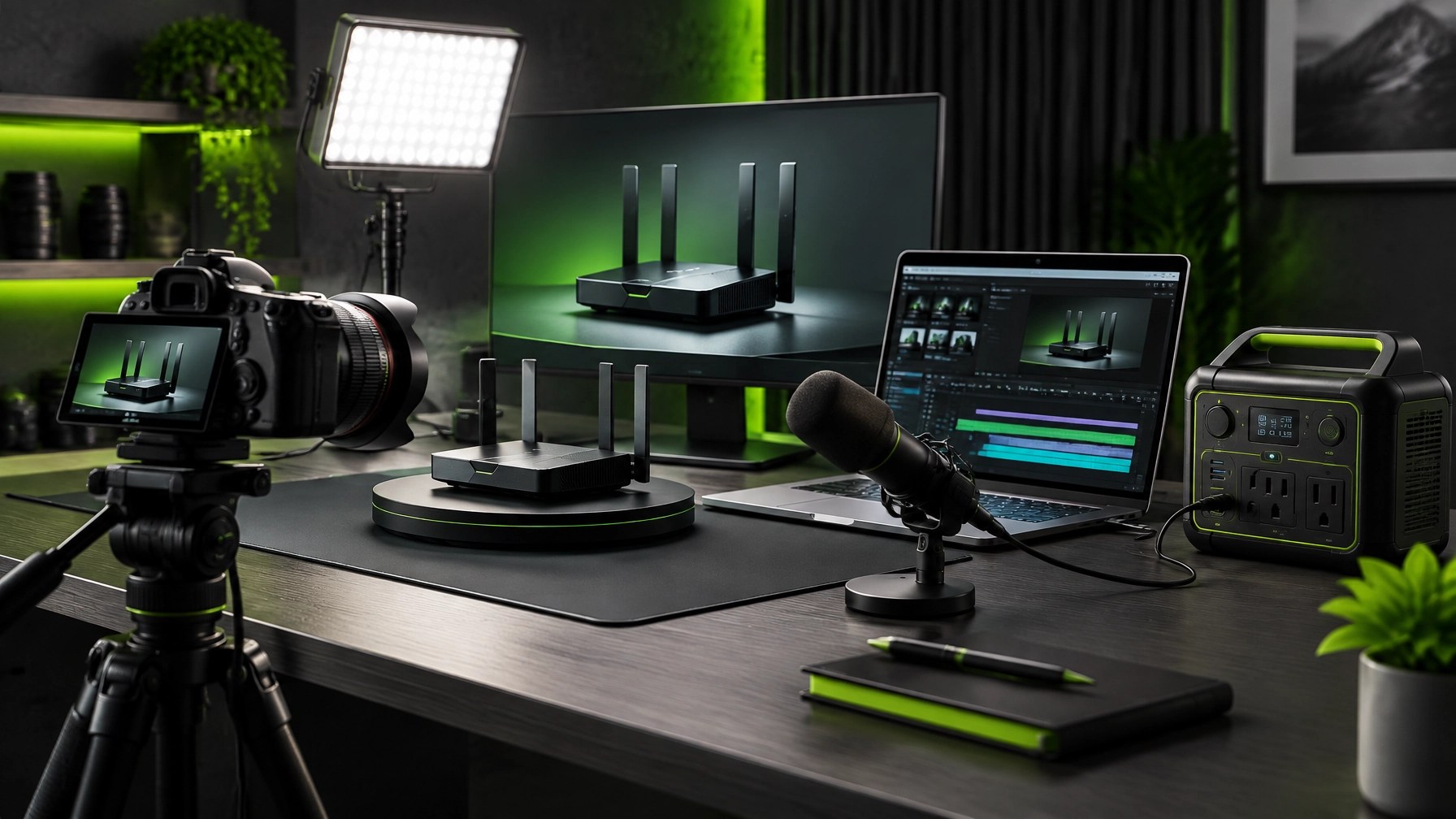 Professional digital illustration of a content creator workstation with a camera, laptop, monitor, lighting, and portable power station