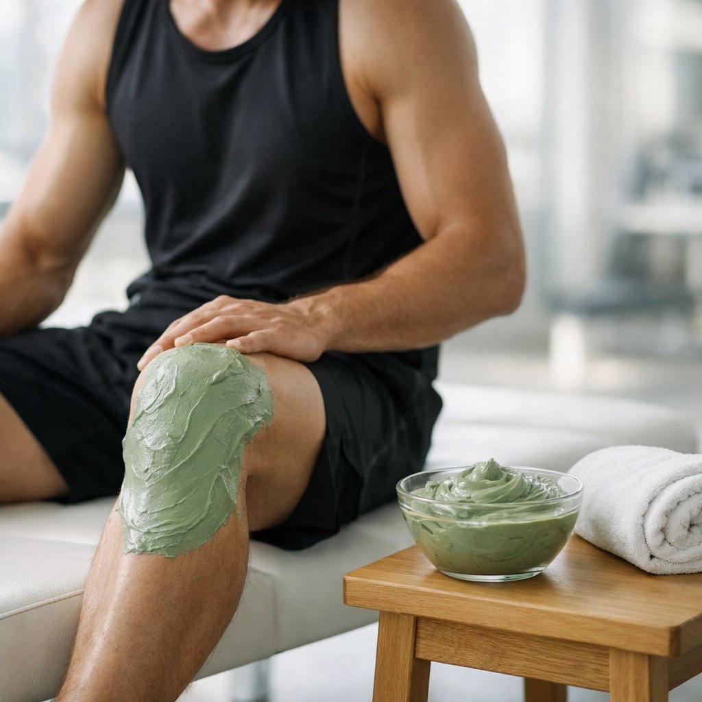 Athlete using pure green clay for recovery, a safe alternative to lead-contaminated bentonite clay.