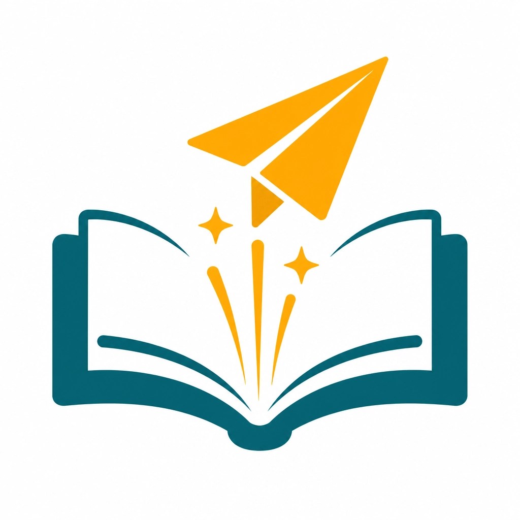 Flat icon of a paper plane combined with a book, symbolizing a launchpad for education in brand colors.