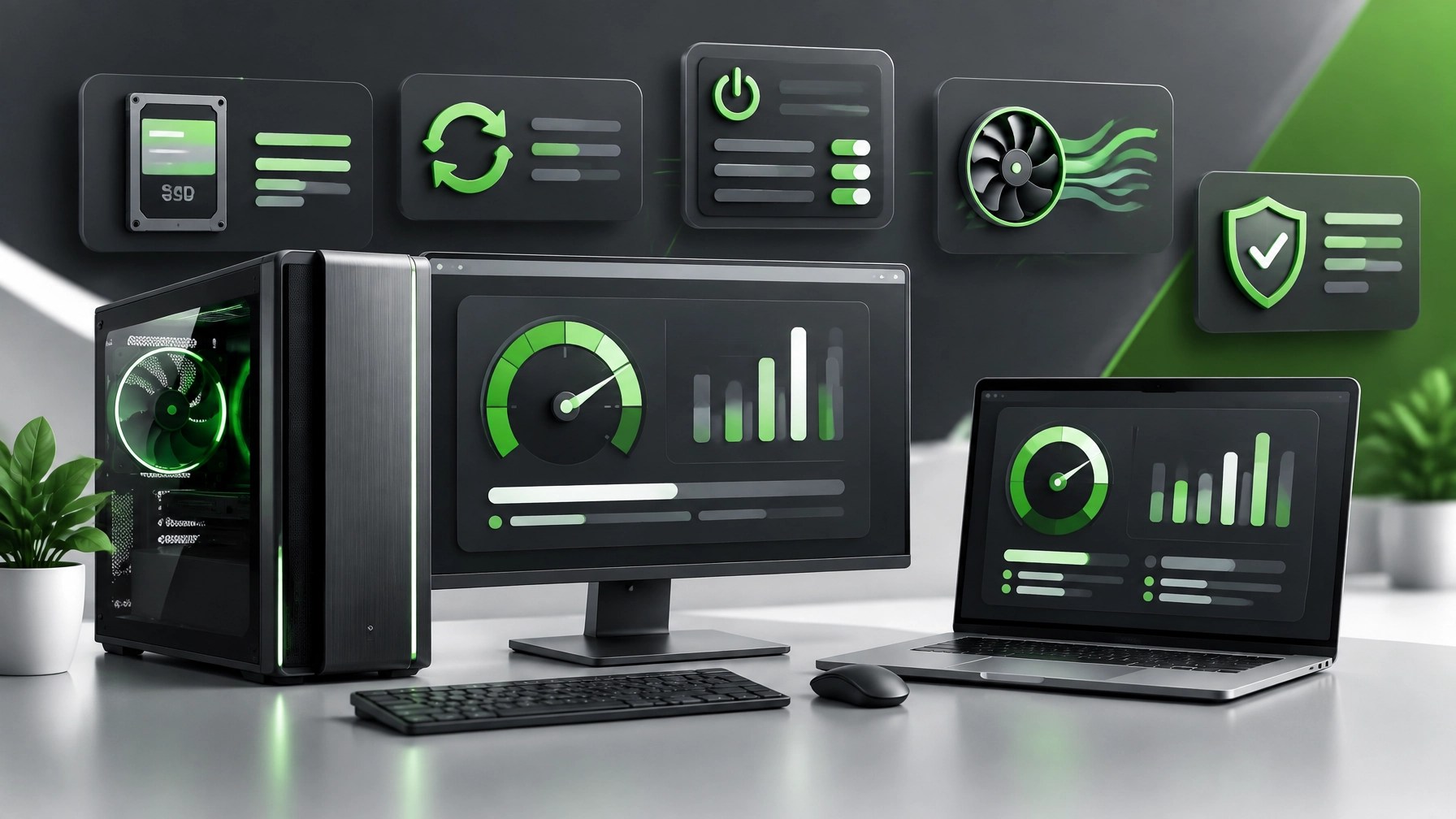 Optimized Windows workstation illustration with performance panels, SSD storage, update controls, cooling airflow, and system protection