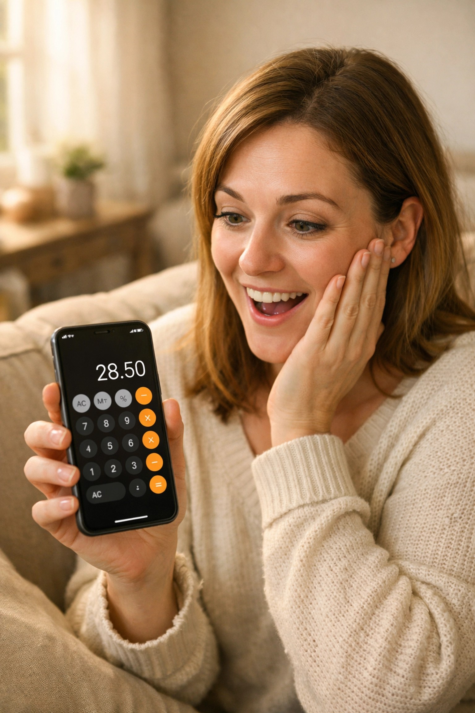 Surprised person discovering affordable life insurance costs on calculator app