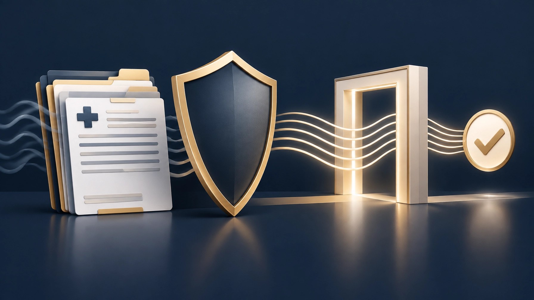 Abstract navy and champagne gold shield protecting an organized TMS authorization packet before treatment begins