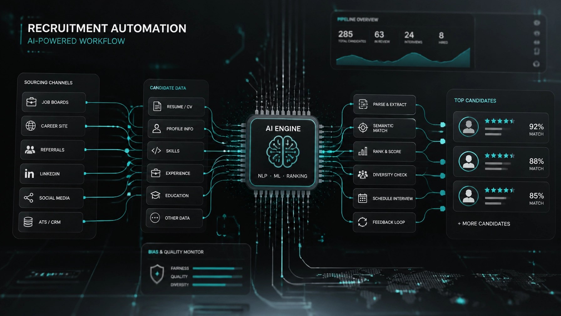 Abstract technical visual of data flows and digital circuitry representing recruitment automation