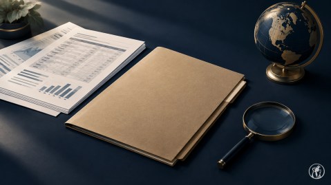 Navy desk with a plain evidence folder, generic financial records, a globe, and a magnifying glass