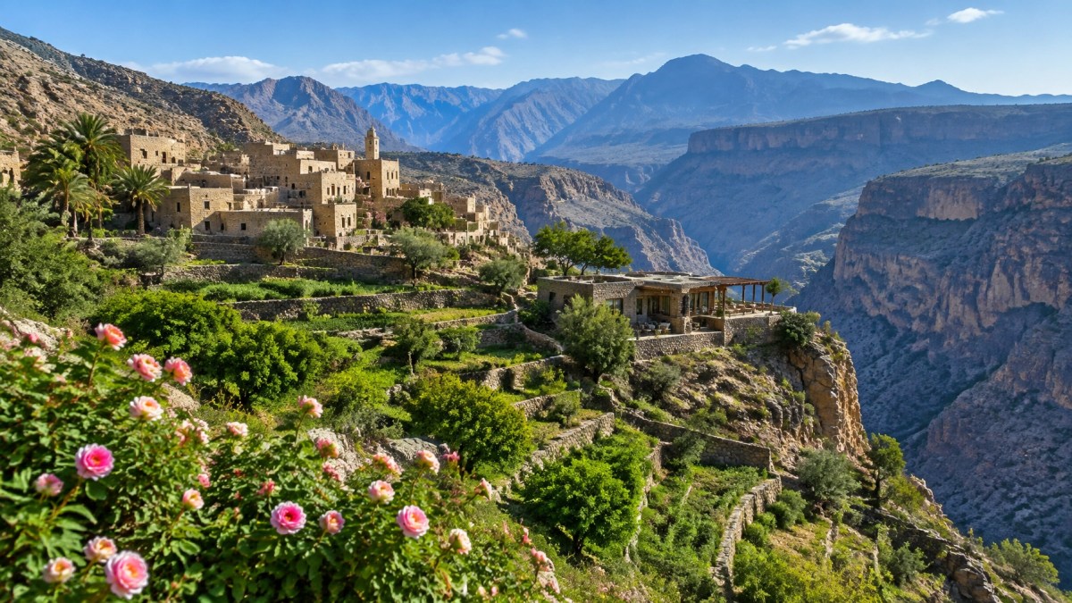 Terraced stone village, canyon and rose terraces on Oman's Jebel Akhdar