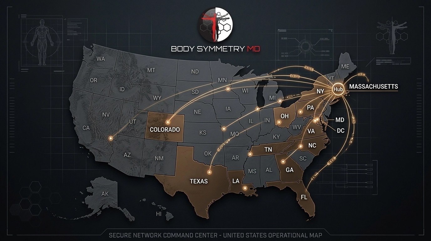 Command center map showing the 14-state telehealth reach from the Marlborough flagship