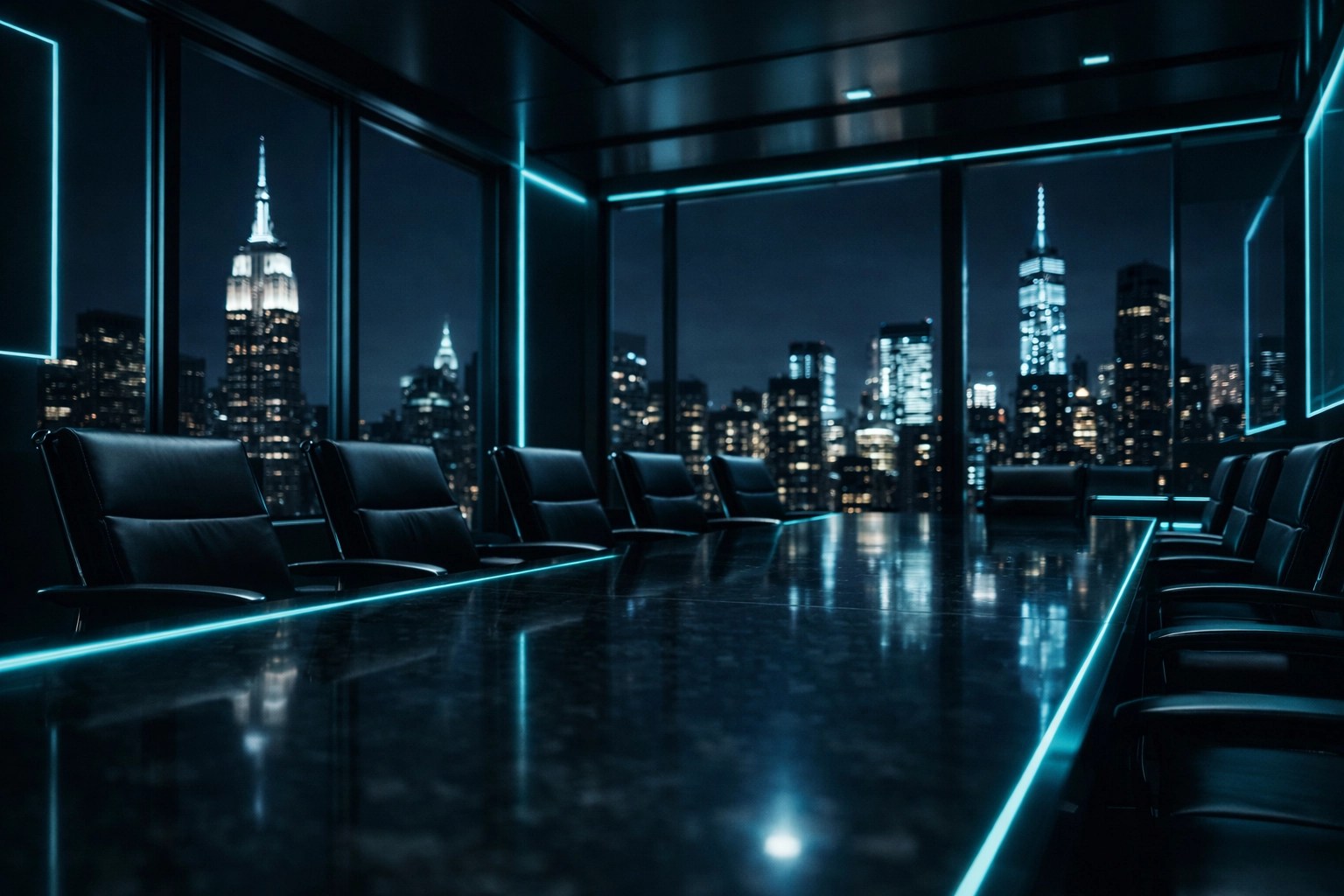 High-stakes NBA Board of Governors meeting room in a New York City skyscraper.