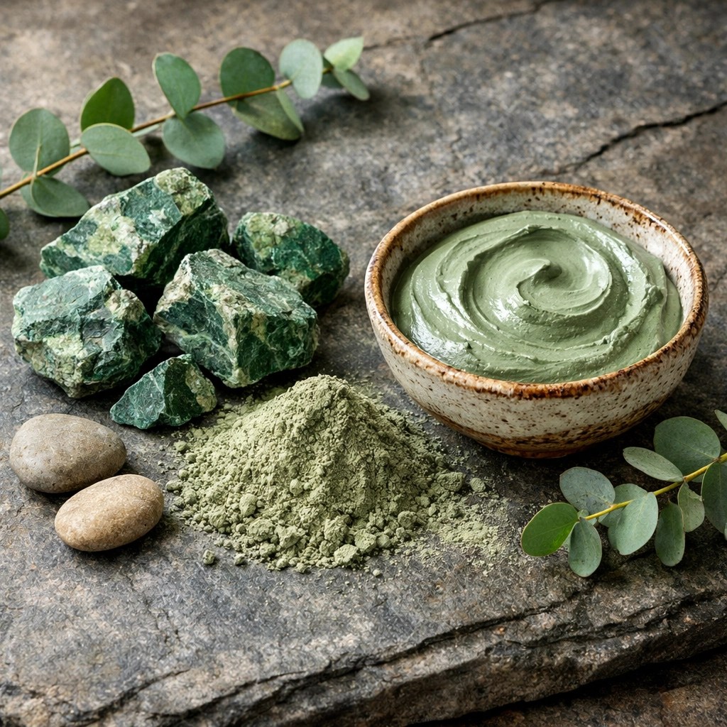 Raw French green clay minerals and prepared healing clay paste in a rustic setting.