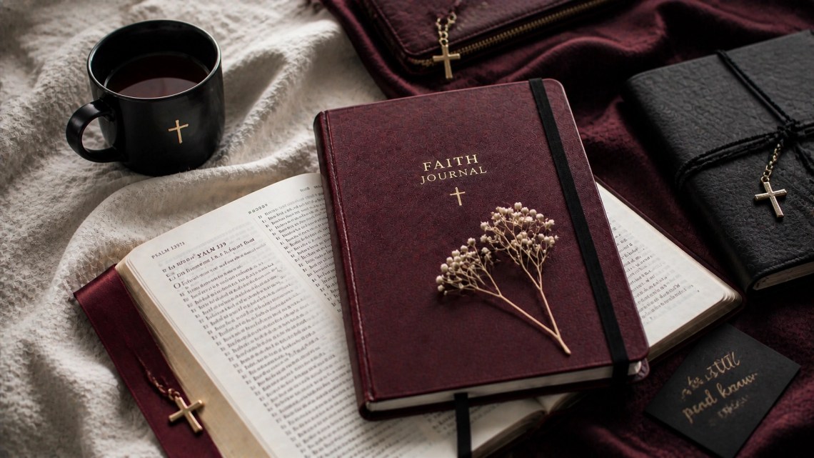 Closed cream faith journal resting on an open Bible with tea, linen, and a delicate dried flower