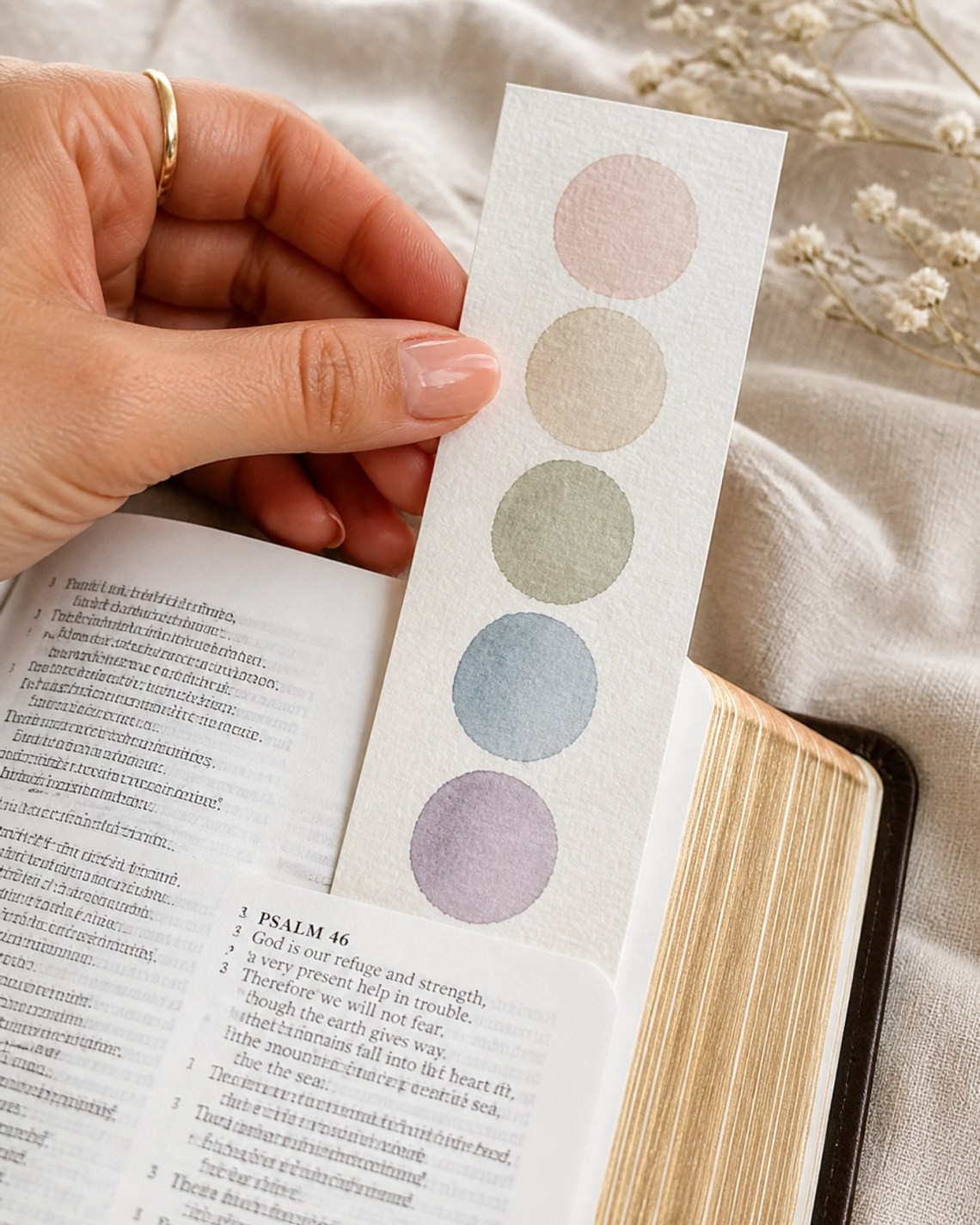 Hand placing a personalized color-coded bookmark into a Bible for easy spiritual study reference.
