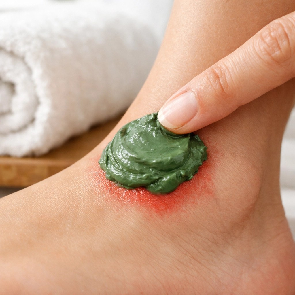 Applying a thick layer of green clay paste to a bug bite for natural first aid relief.