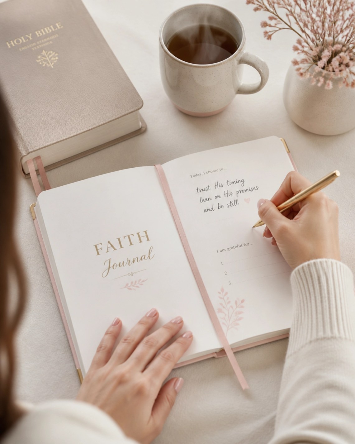A woman's hands writing in a Faith Journal next to a Bible and a cup of tea