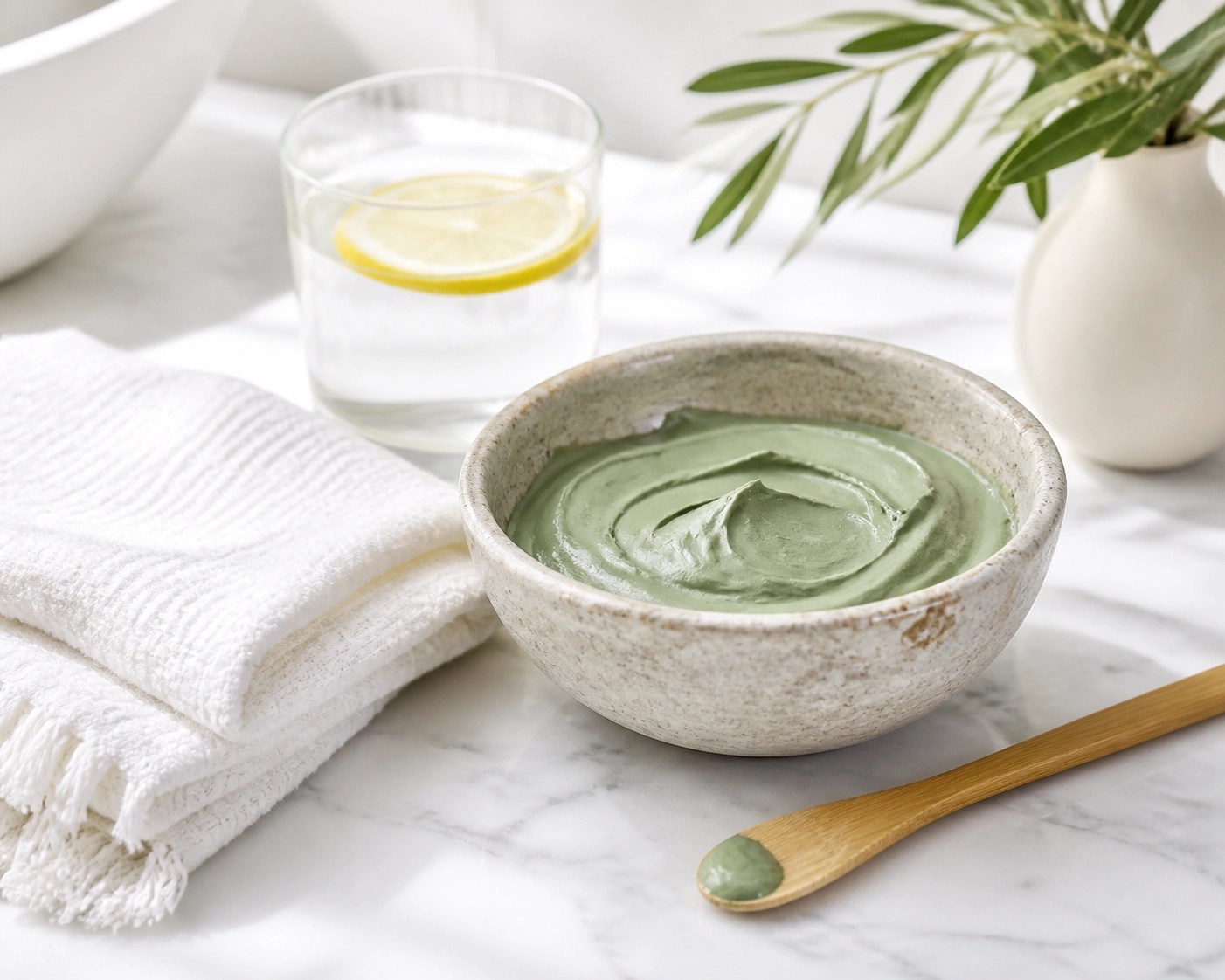 A prepared green clay detox mask in a stone bowl for a relaxing home spa and holistic natural healing treatment.