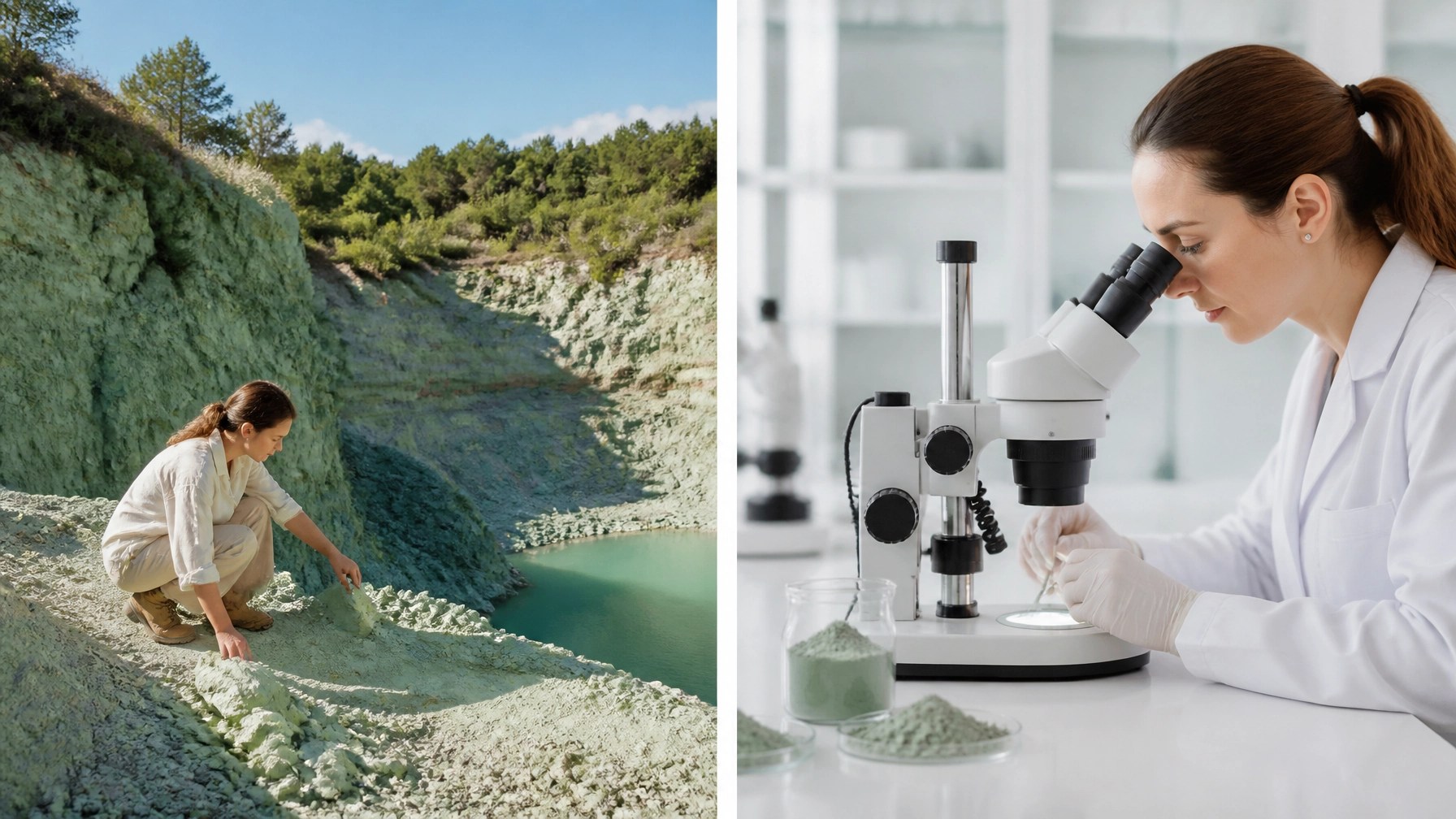 Split screen showing a French clay quarry and a high-tech purity testing lab