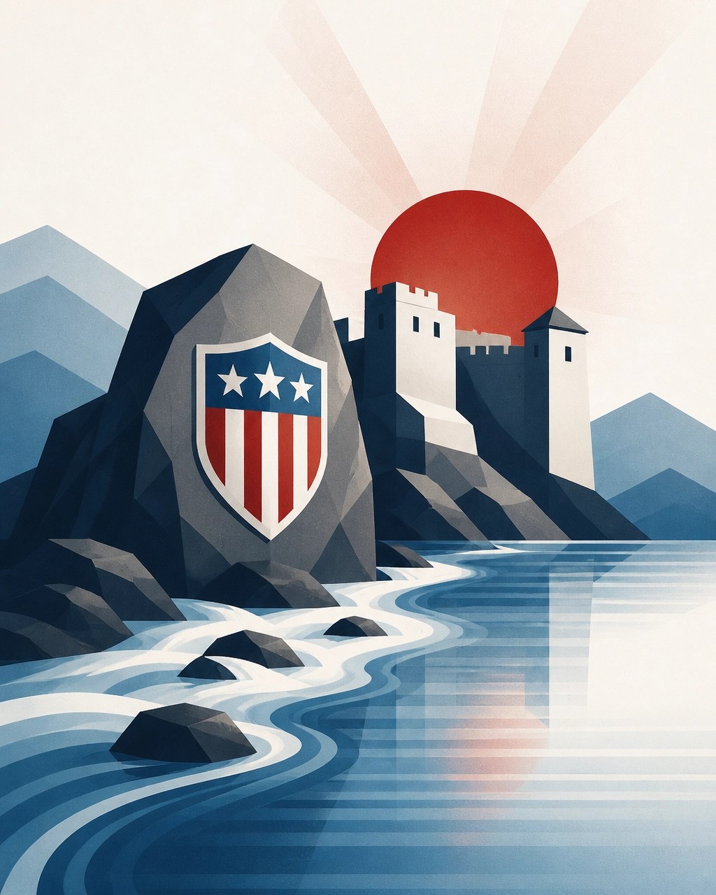 Symbolic devotional artwork showing a strong rock and fortress beside flowing water becoming calm, representing refuge and deliverance