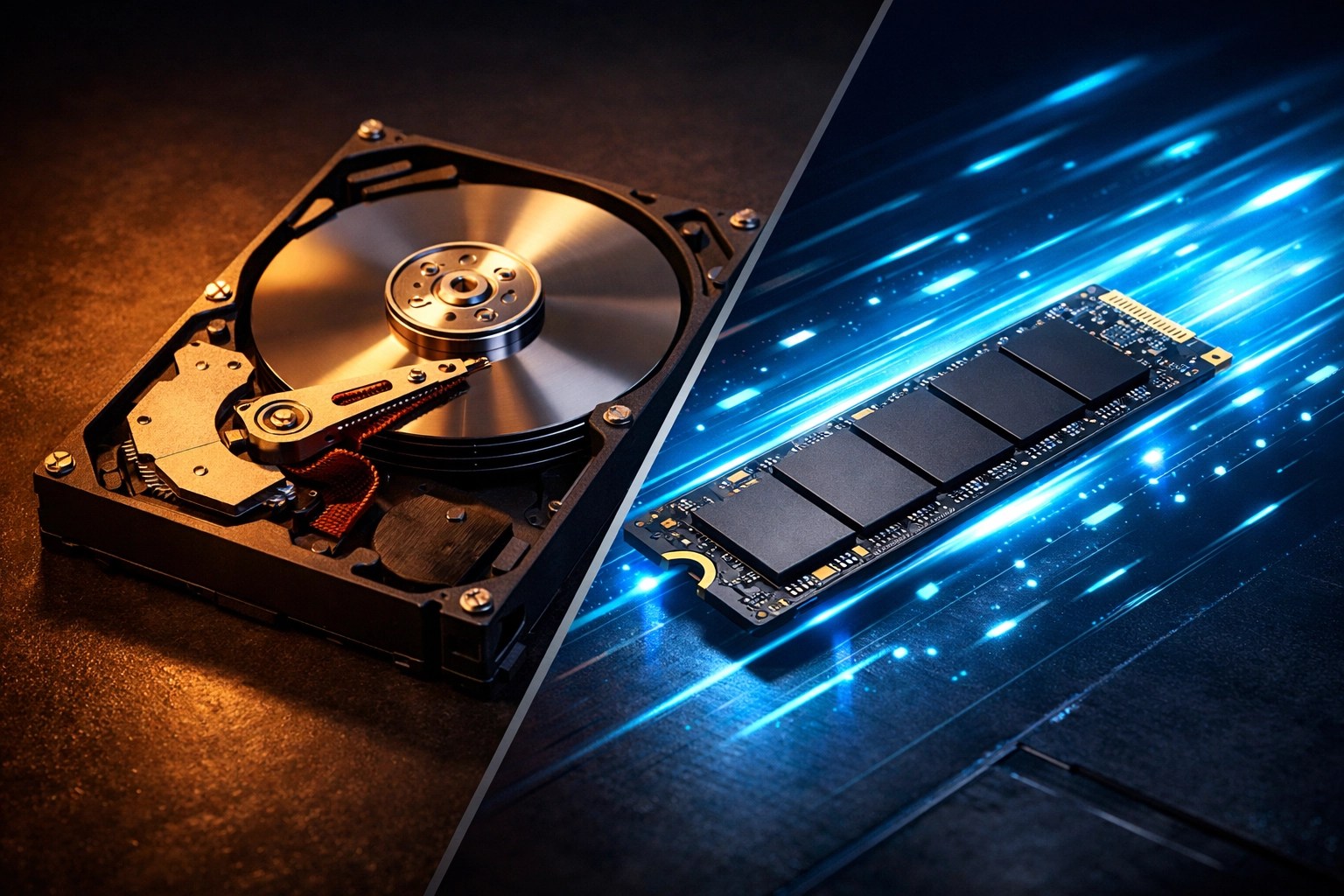 Side-by-side comparison of a traditional hard drive and a fast SSD, the ultimate slow computer fix.