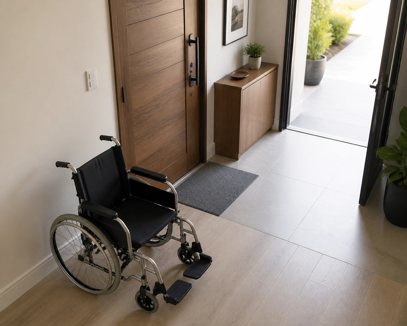 A clean wheelchair prepared in a home entryway for an upcoming wheelchair-accessible NEMT ride.
