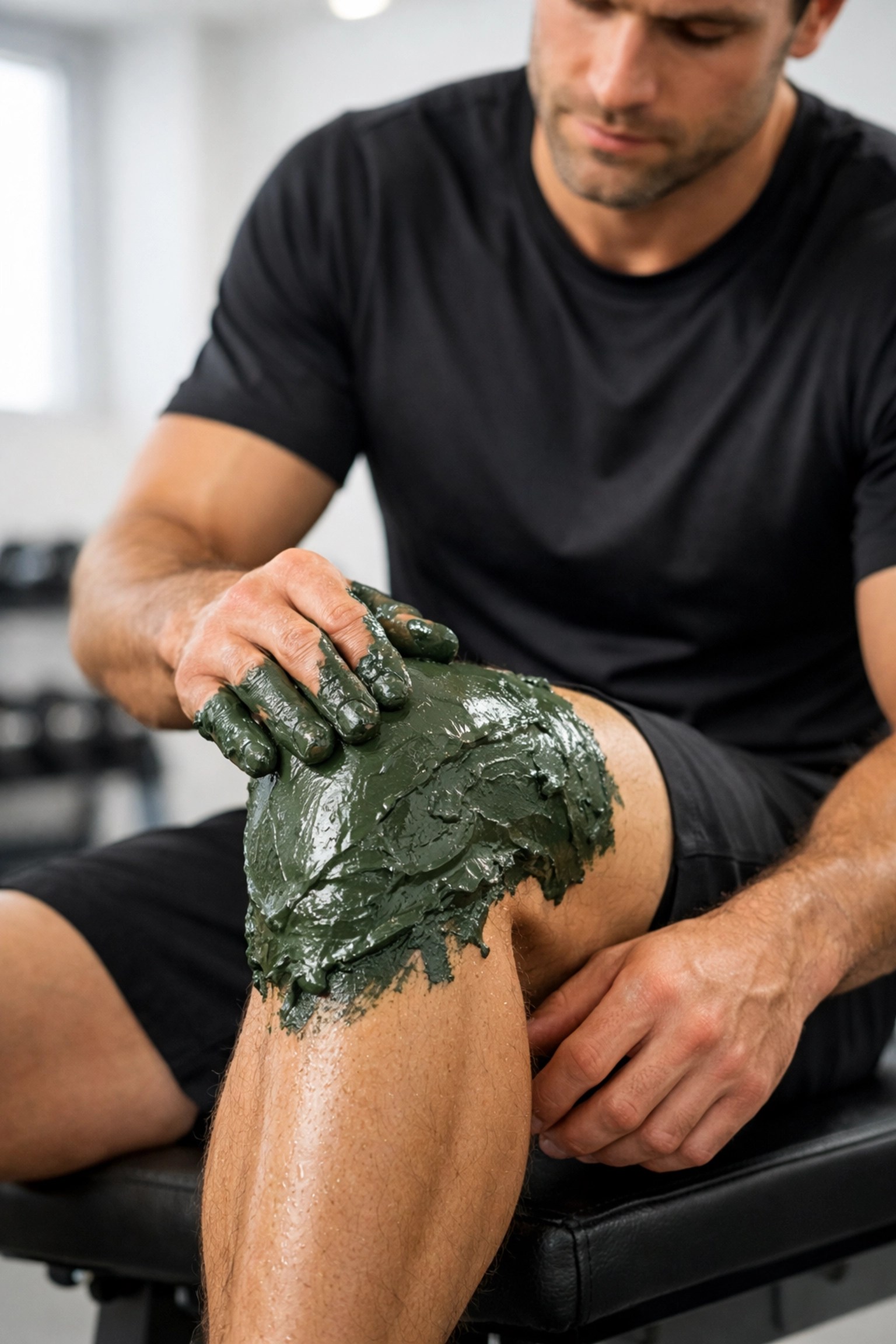 Athlete applying a moist green clay poultice to their knee to reduce inflammation and speed up recovery.