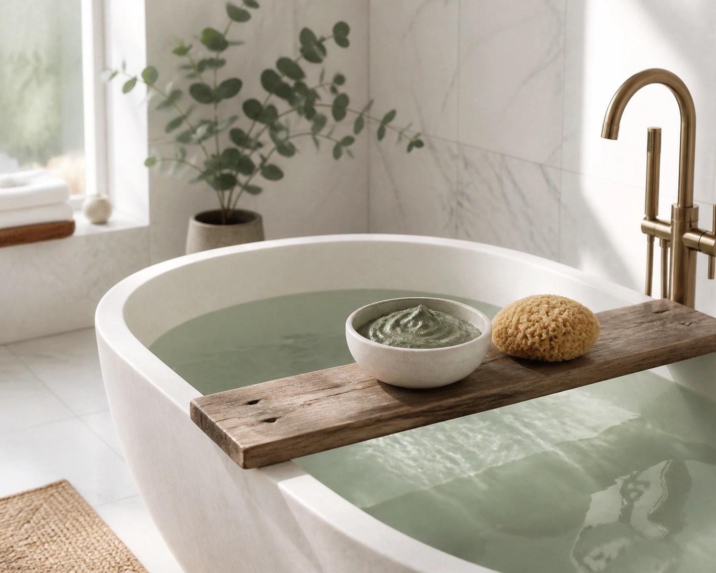 A relaxing detox bath prepared with mineral-rich green clay for natural skin purification and healing.