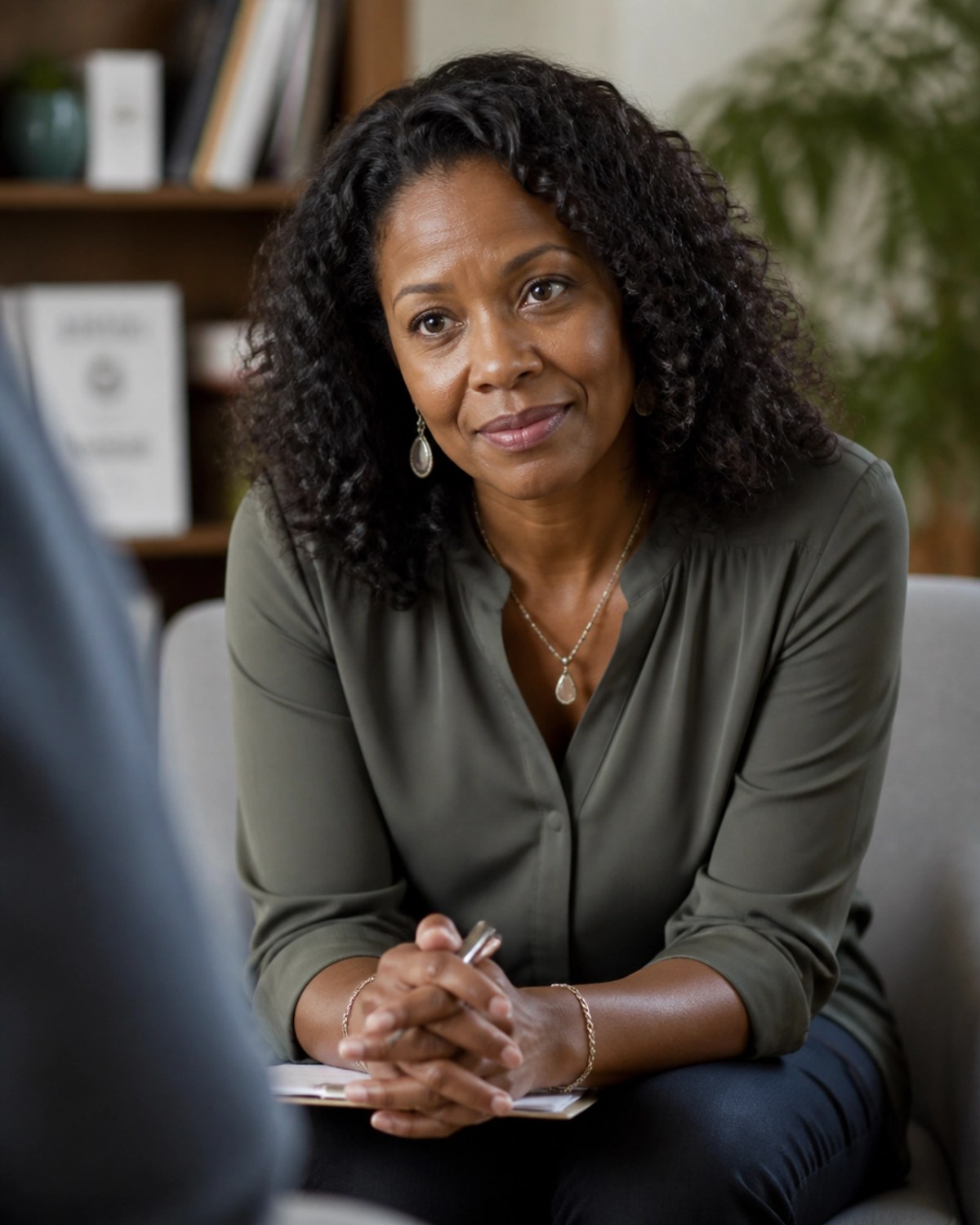 A professional Black female therapist providing empathetic support in a warm office setting.