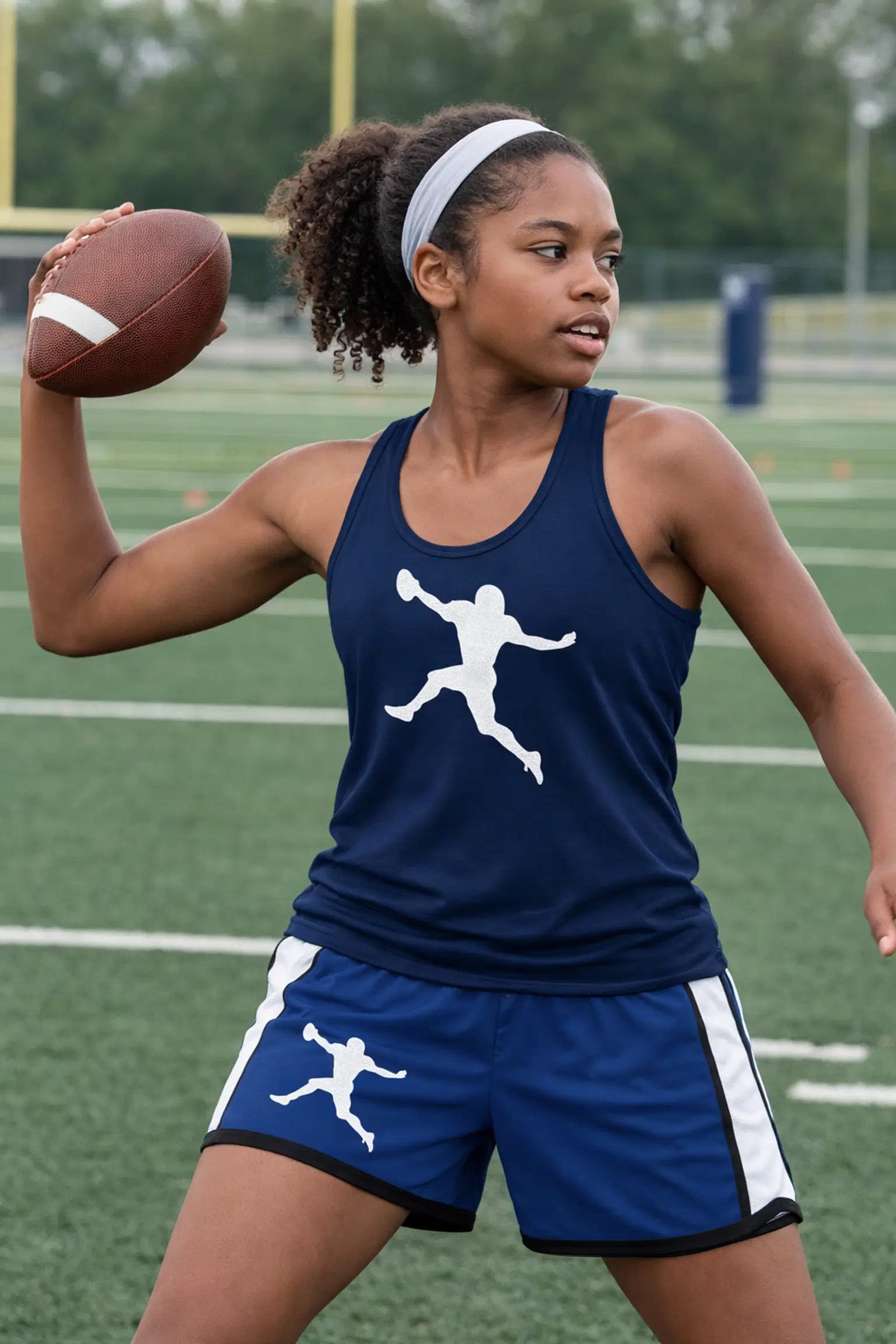 Female Atlanta student-athlete preparing to throw a football during training
