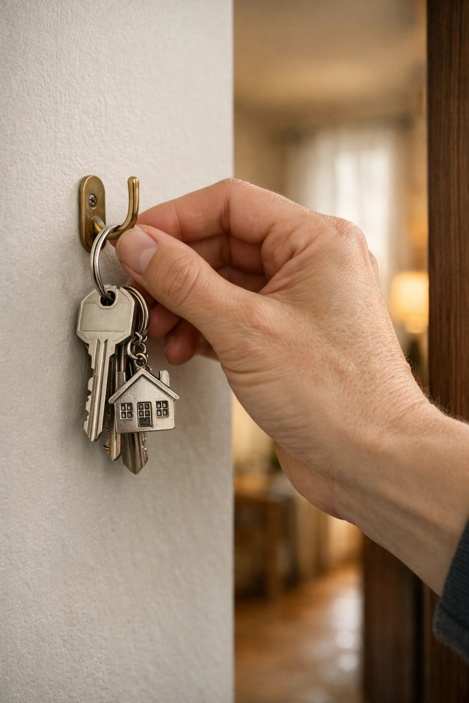 A hand hanging up house keys, representing the security of a mortgage protection plan for the home.