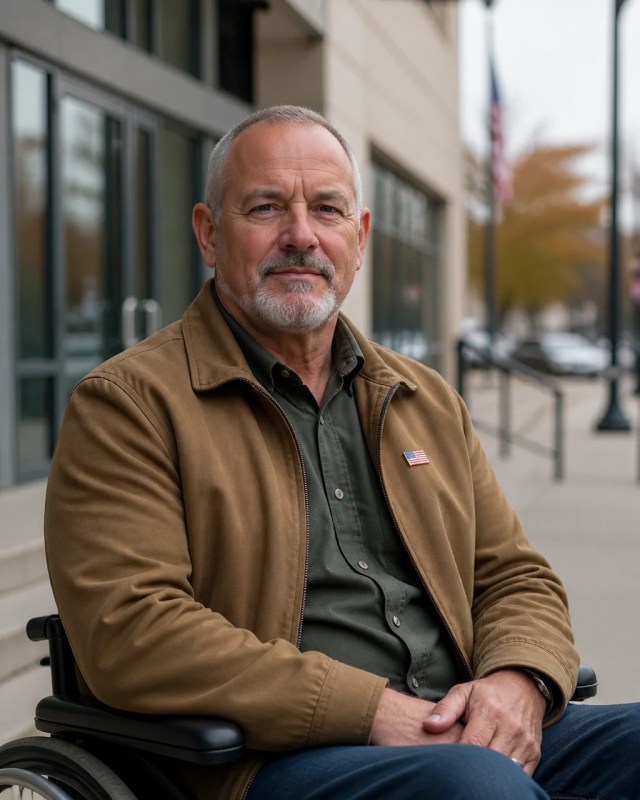Respectful editorial portrait of a disabled veteran outside a municipal assessor’s office in the Albany area