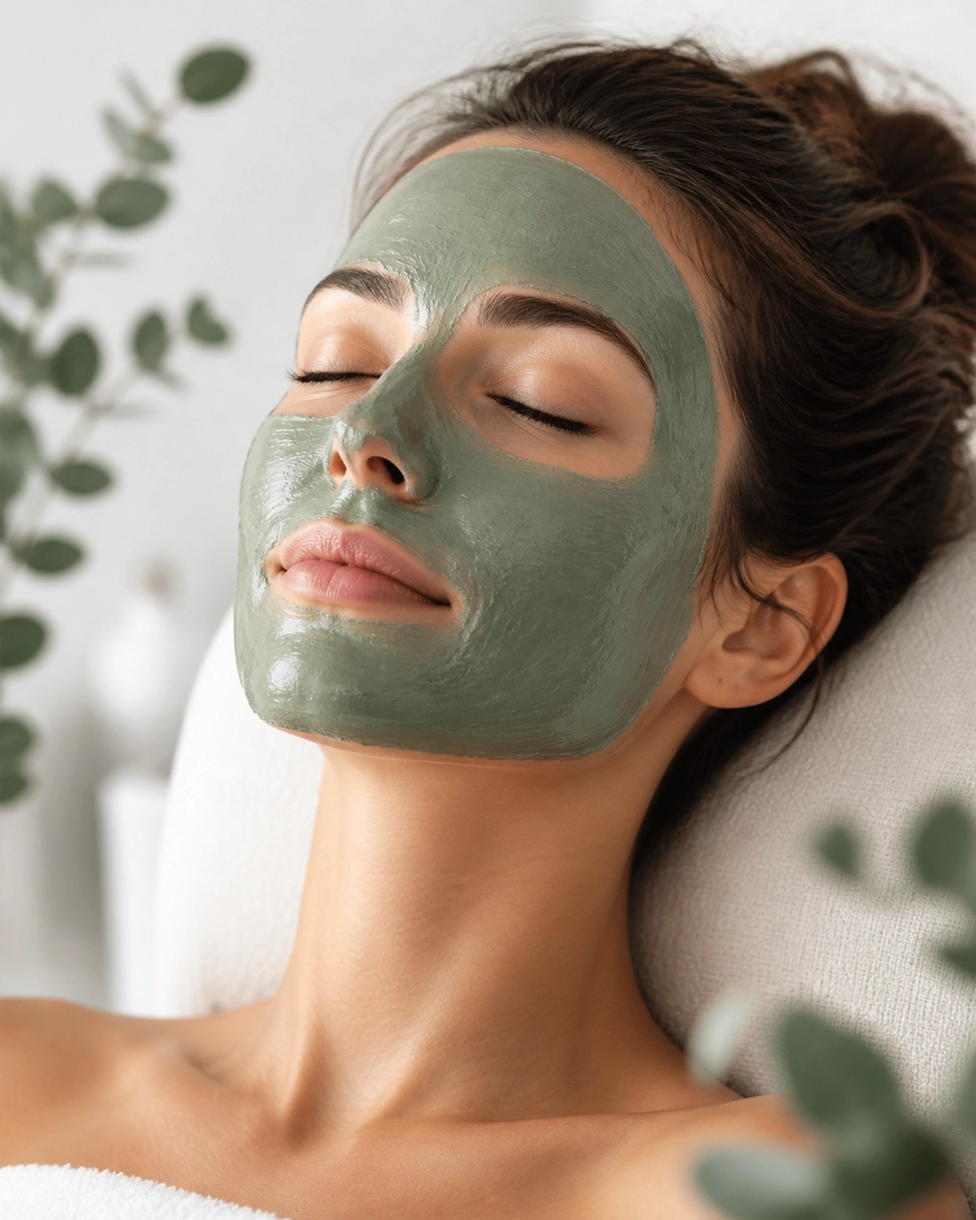 Serene woman with a French green clay facial mask for deep skin detoxification