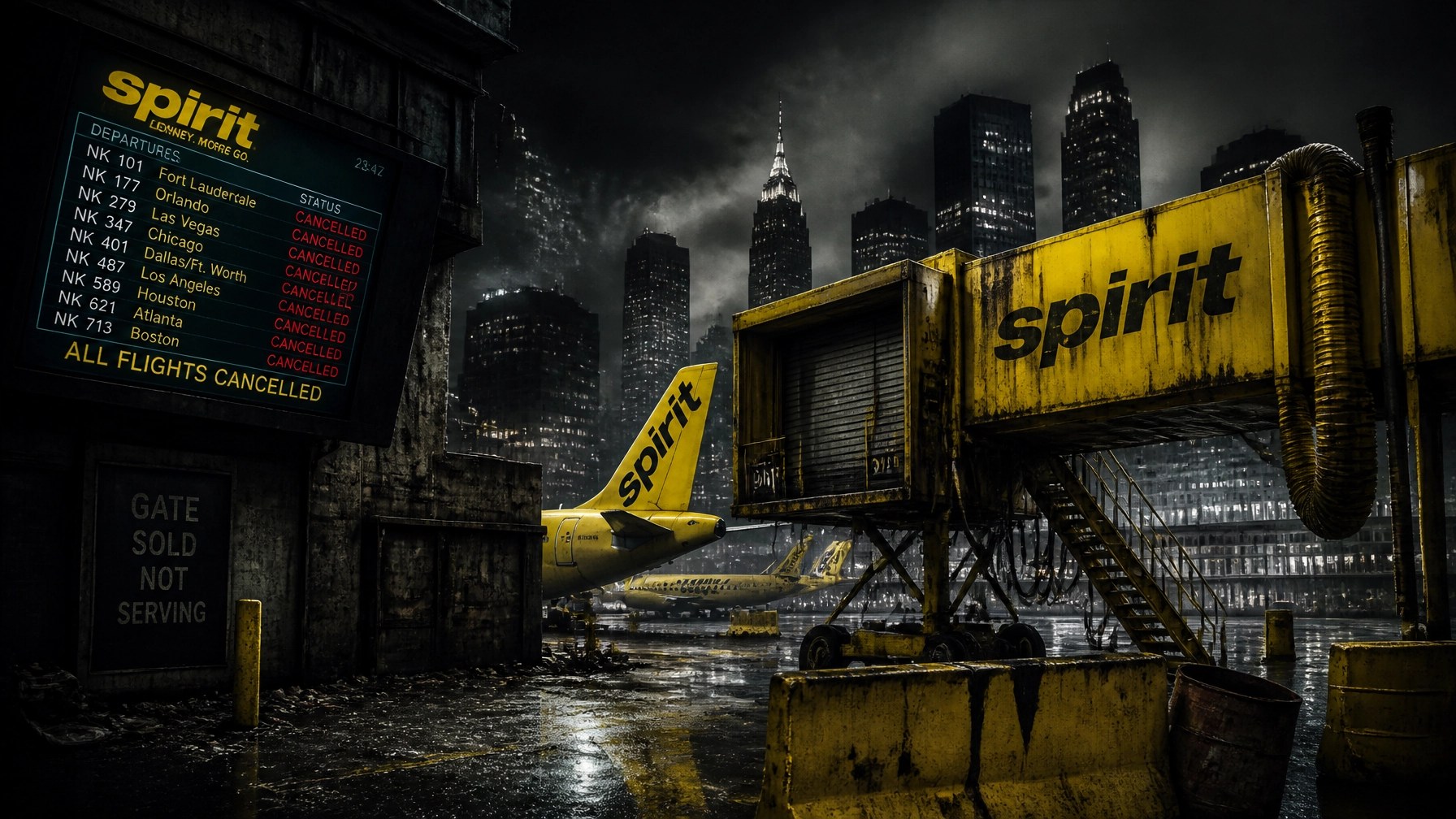 Flickering airport screens and abandoned yellow boarding gate details with a gritty Spirit Airlines grounded vibe.