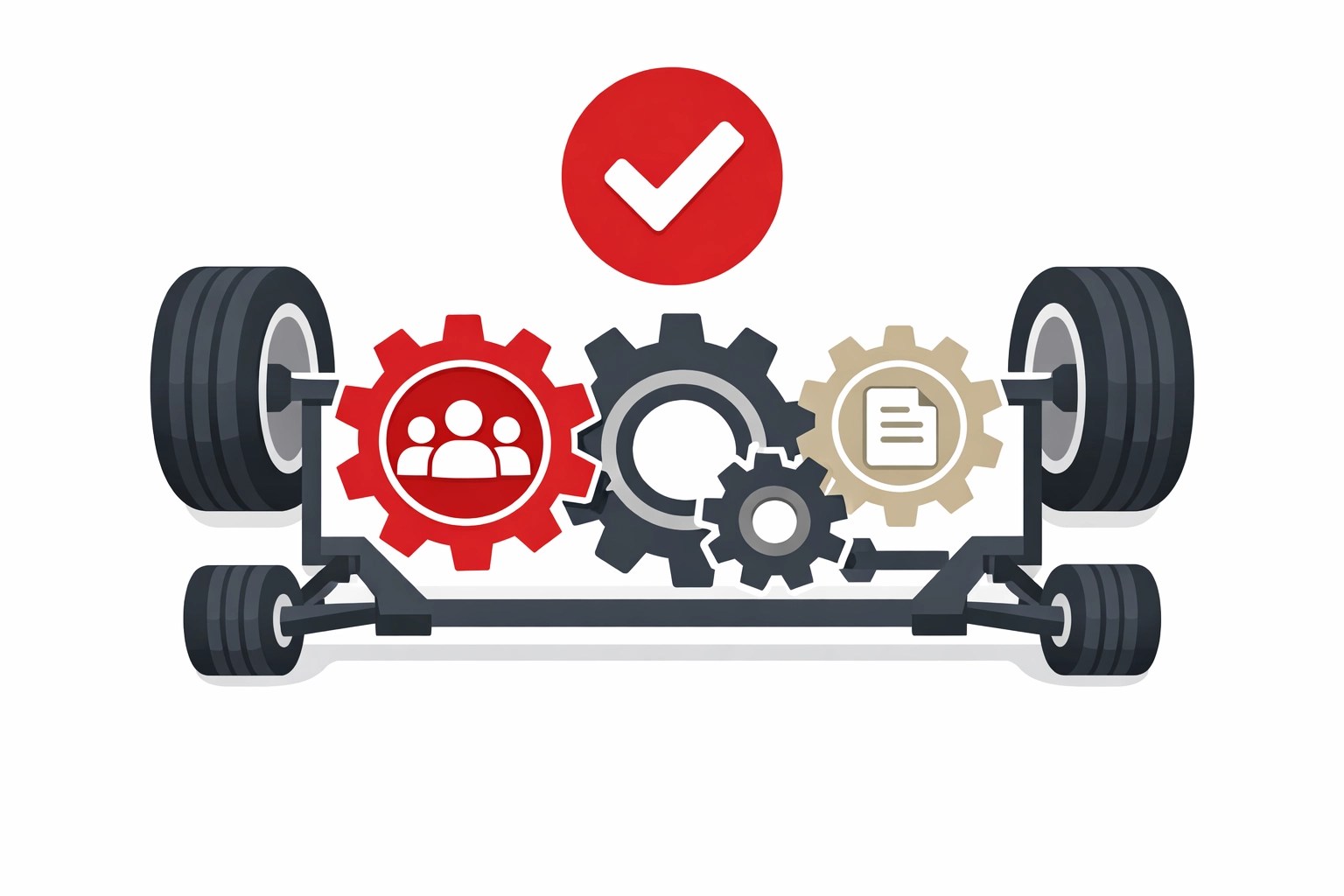 Illustration of a car chassis made of business icons, representing healthy organizational systems and independence.