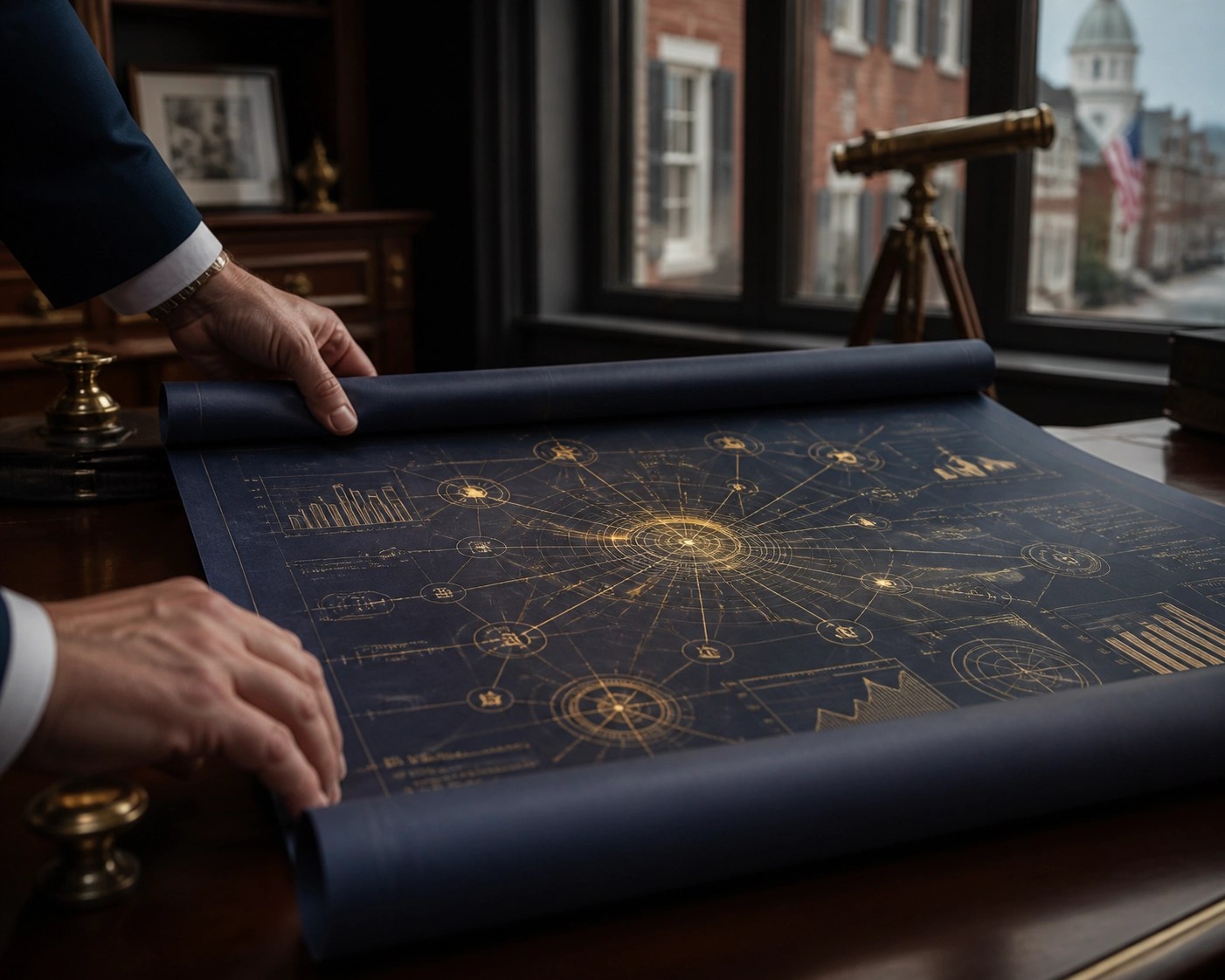 Close-up of a golden wealth blueprint on a desk for building multi-generational wealth in Annapolis.