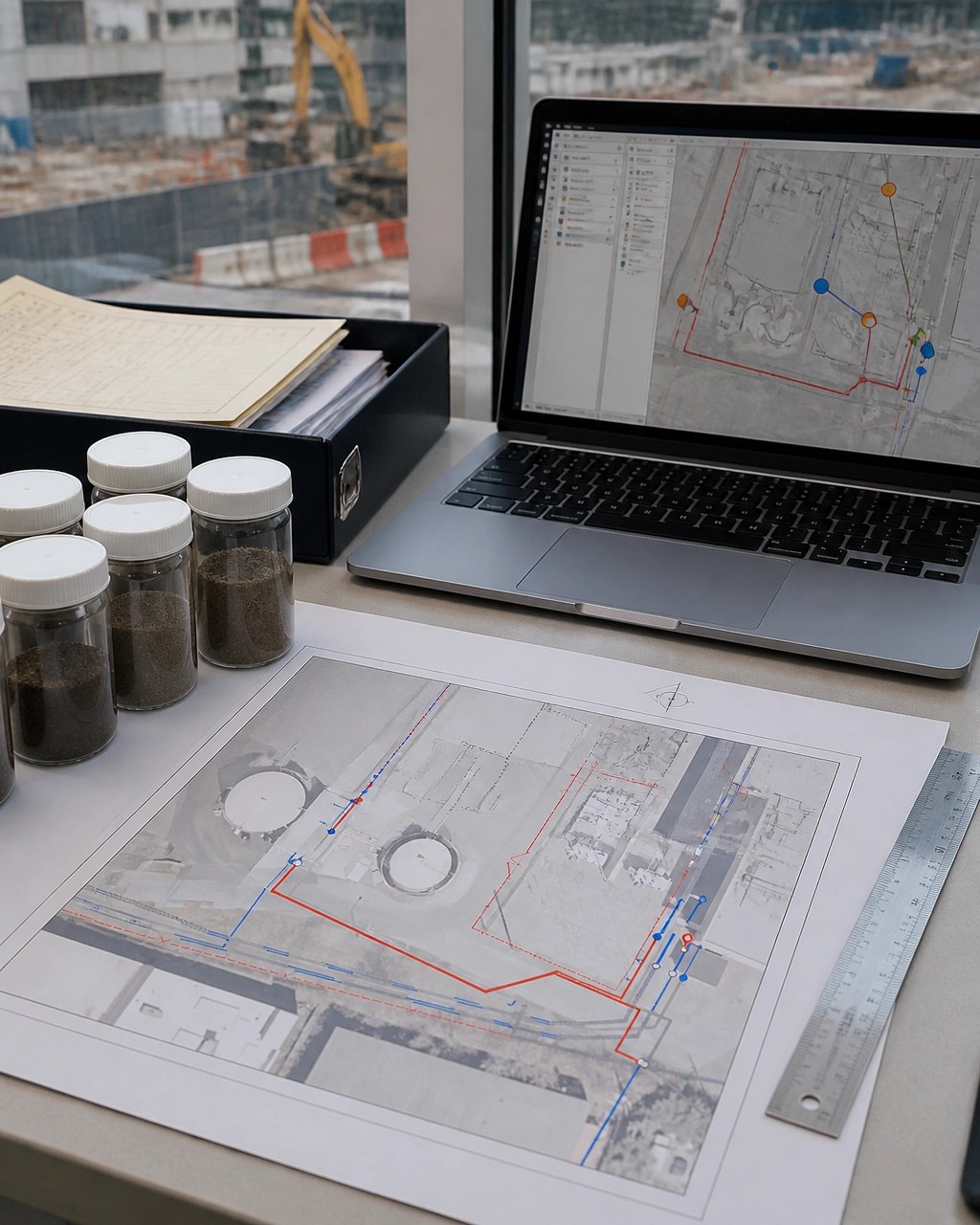 AI-generated field-office view of an NYC environmental project file with site plans, sample containers, and GIS mapping