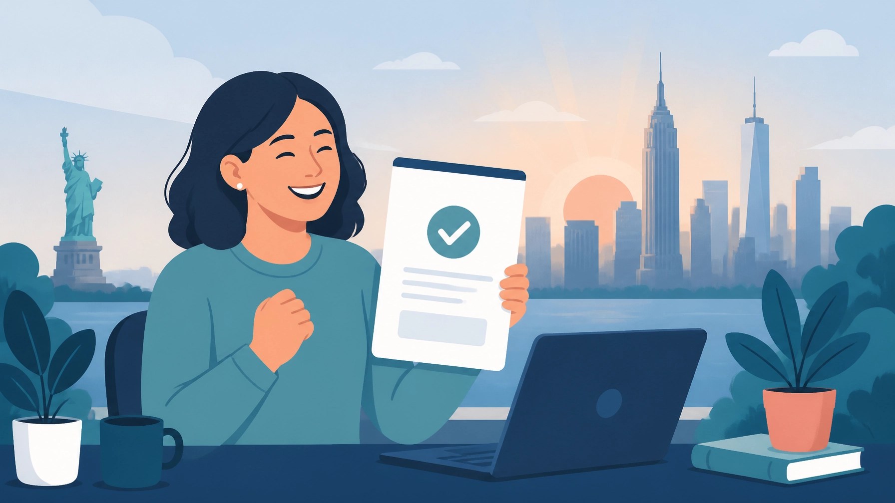 New York resident smiling with relief after completing health plan enrollment and receiving a confirmation