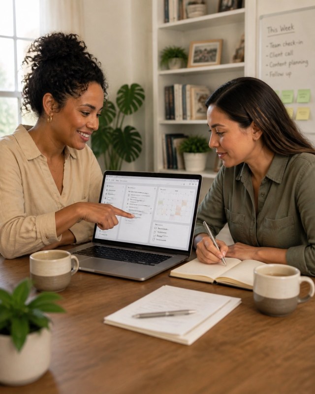 Two professionals reviewing email, calendar, and meeting tasks with AI support