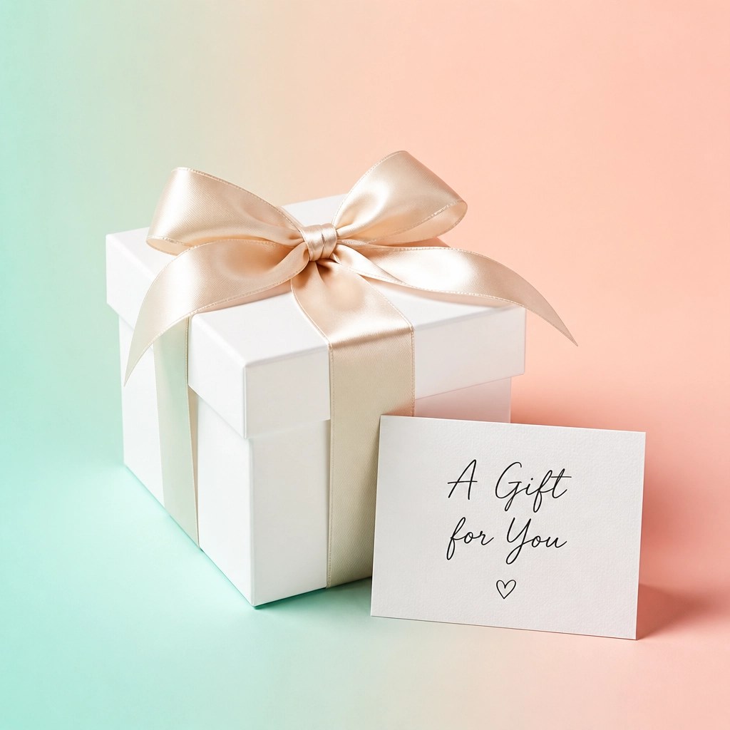 A minimalist white gift box with a silk ribbon and a card that says 'A Gift for You'