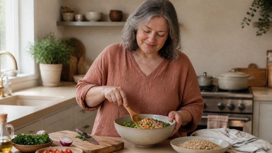 Midlife woman preparing a nourishing meal in her home kitchen