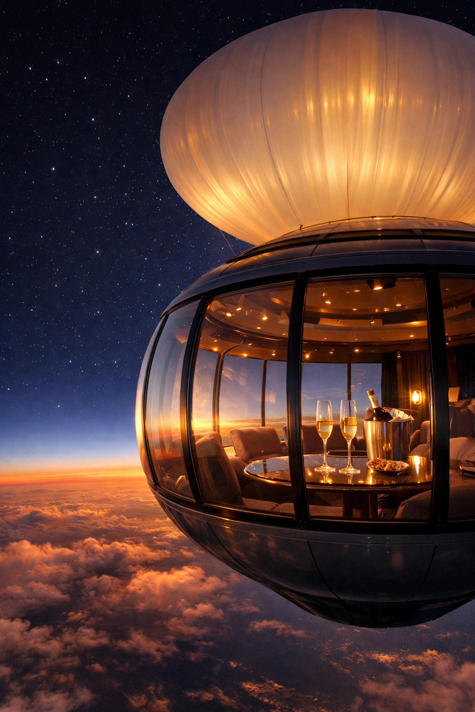 Stratospheric balloon capsule with panoramic windows at edge of space offering luxury champagne experience