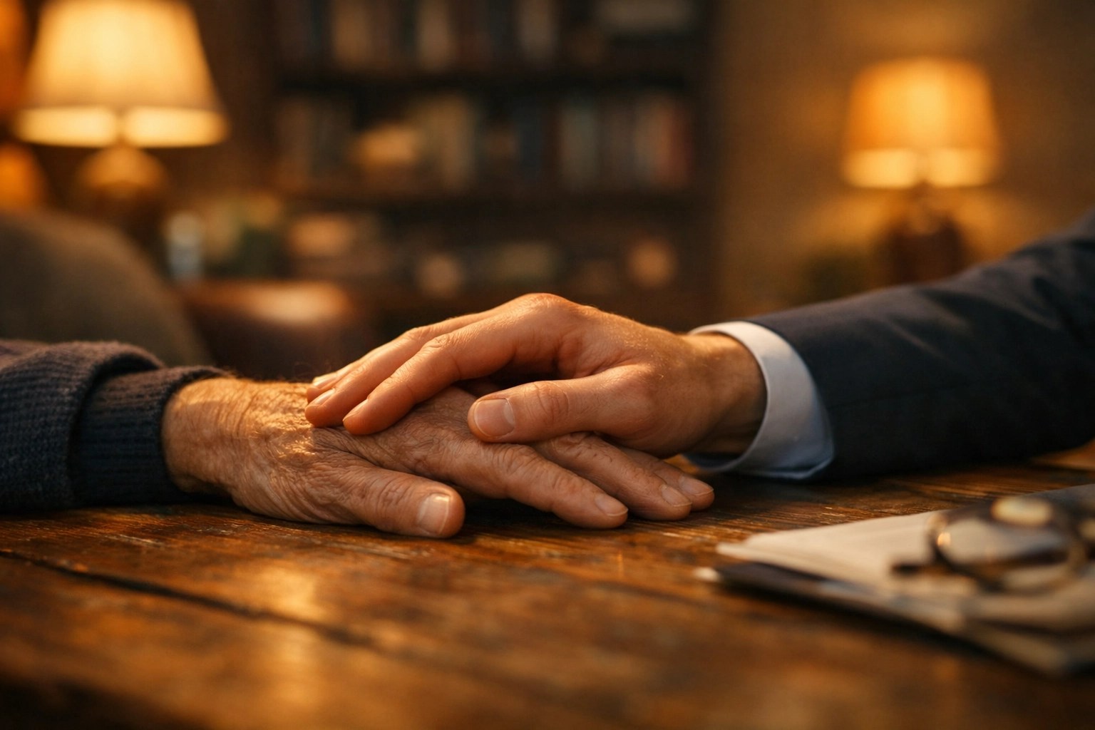 A senior and an insurance agent sharing a supportive gesture during a final expense insurance consultation.