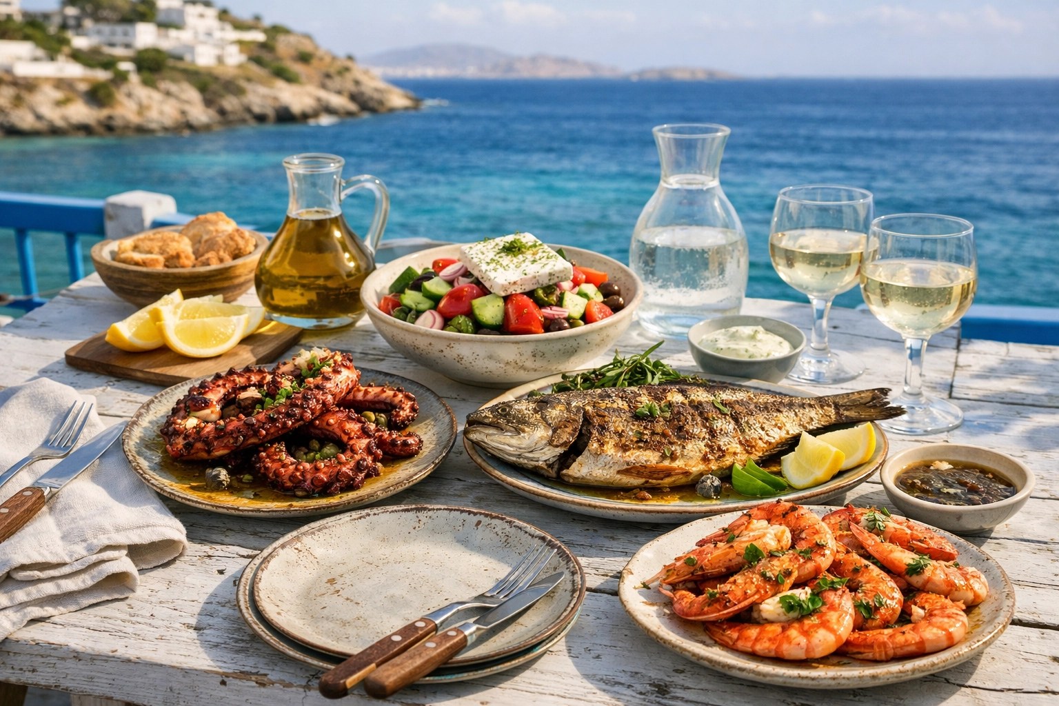 A delicious Greek seafood spread at a seaside taverna with grilled octopus, whole fish, shrimp, and fresh salad.