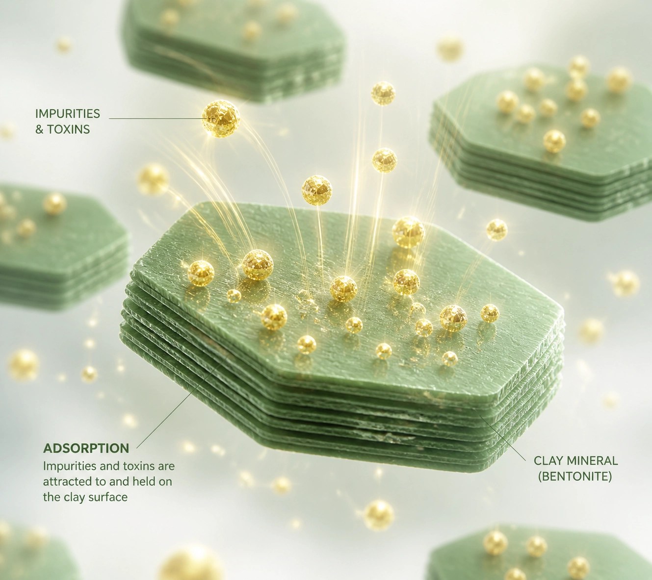 Microscopic illustration of green clay particles adsorbing toxins and impurities for deep skin detox.