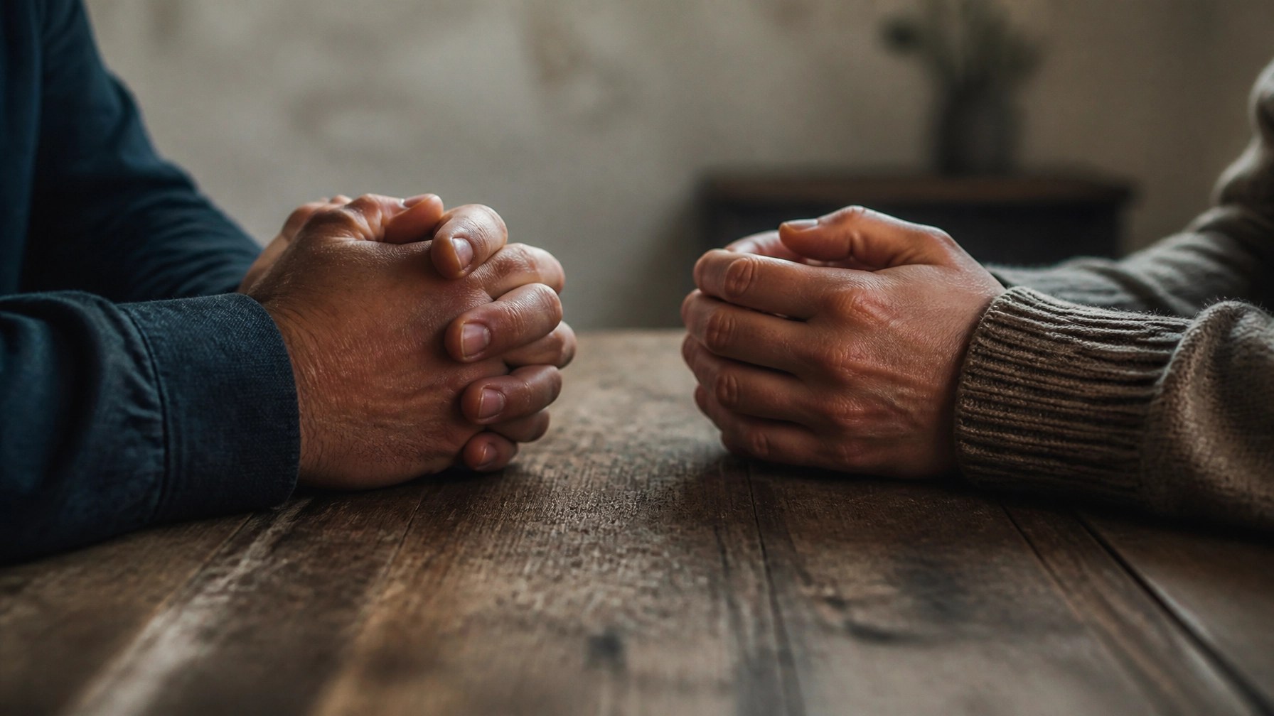 Close-up of hands resting on a wooden table, symbolizing the weight and grounding required for deep human listening.