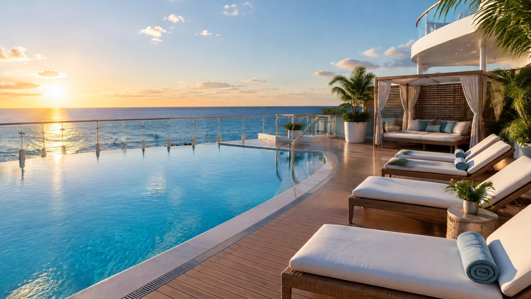 Quiet cruise-ship pool deck with empty loungers and a Caribbean ocean view