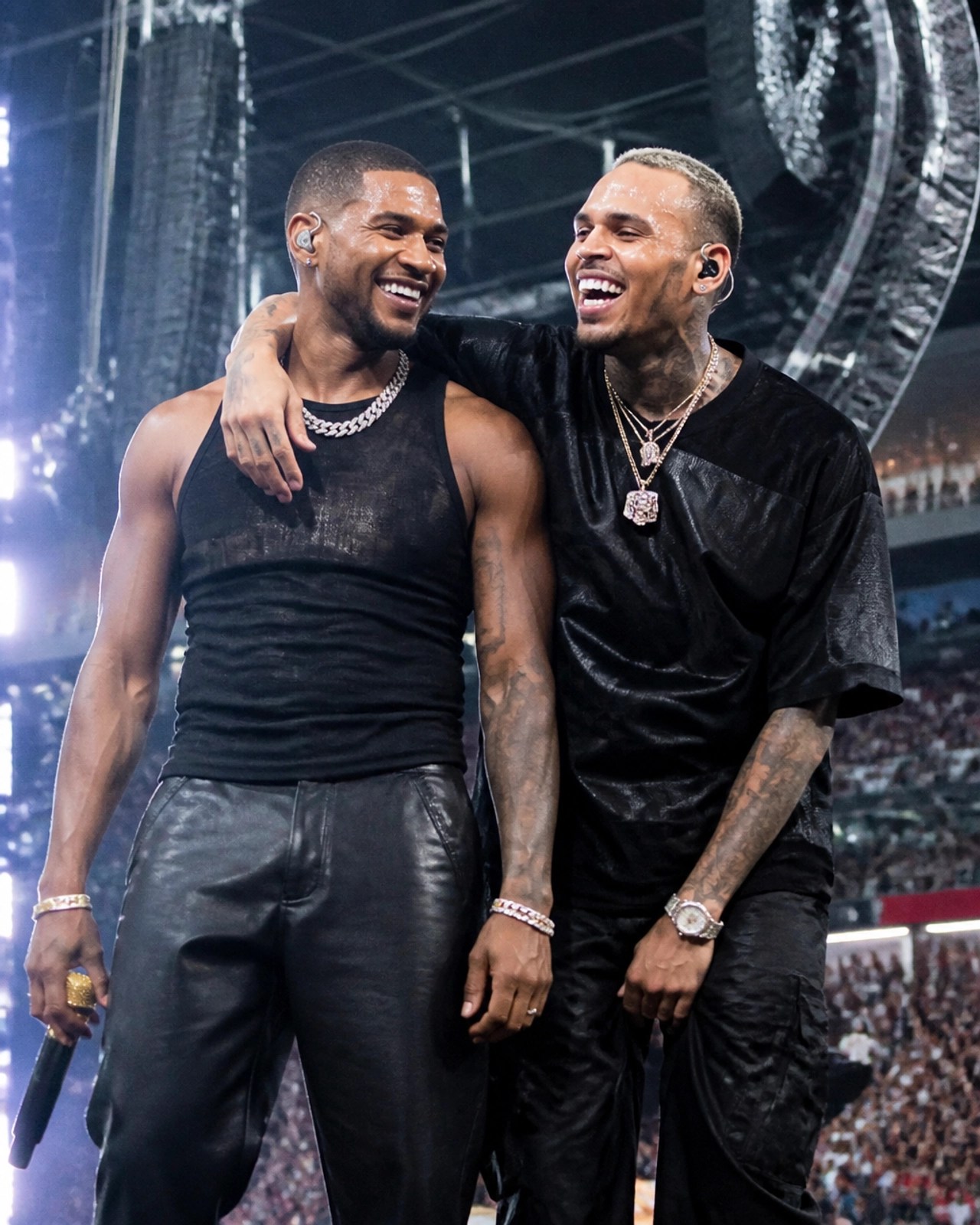 Usher and Chris Brown sharing a moment of camaraderie on stage.