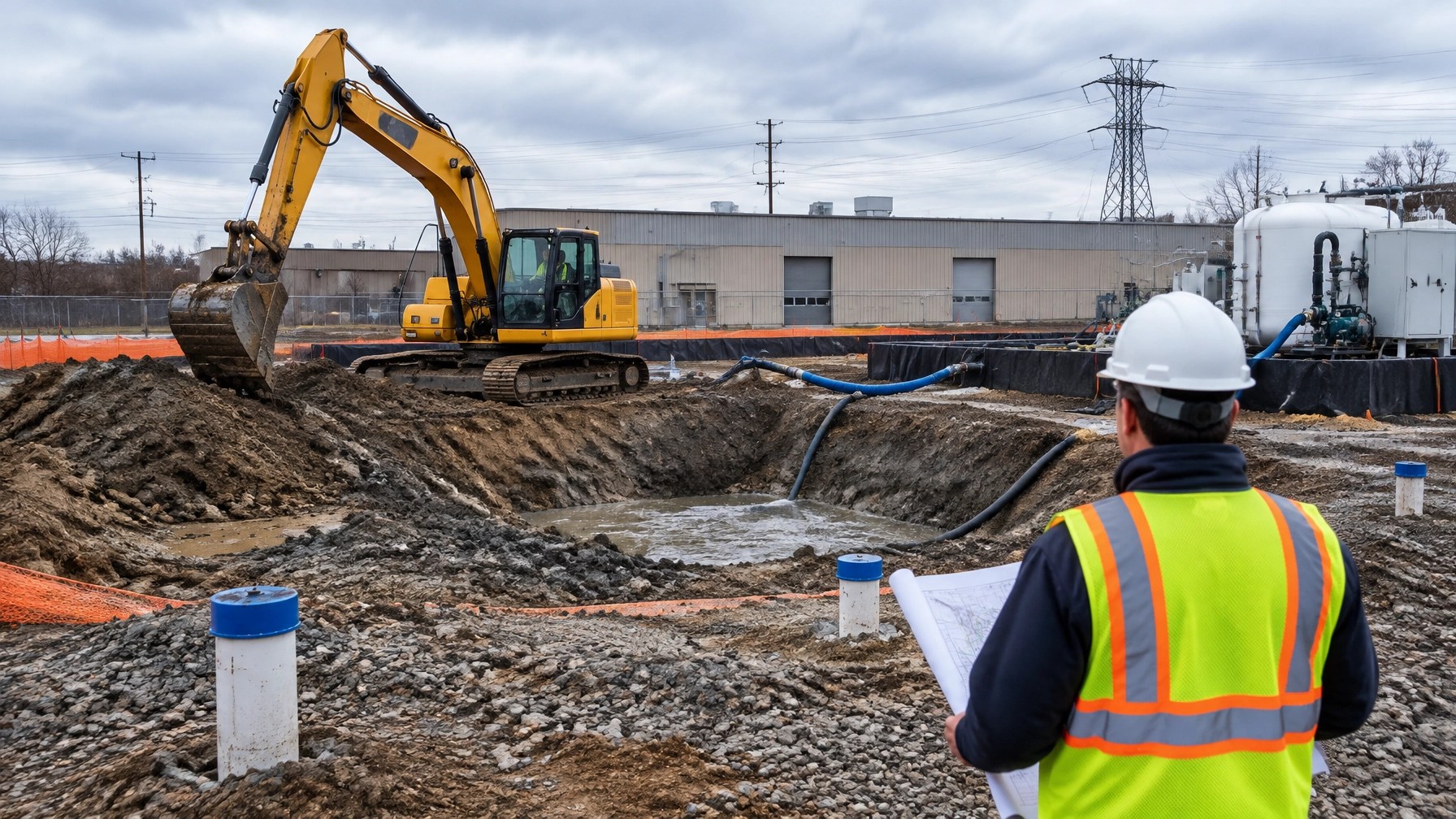 New Jersey industrial remediation site with excavation, monitoring wells, and field oversight