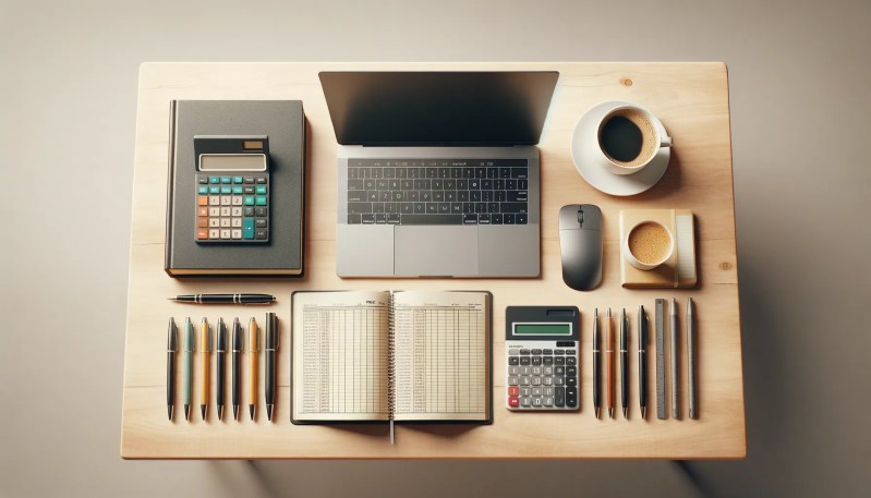 Organized bookkeeping workspace with a laptop, calculator, ledger, pens, and coffee arranged on a light wood desk