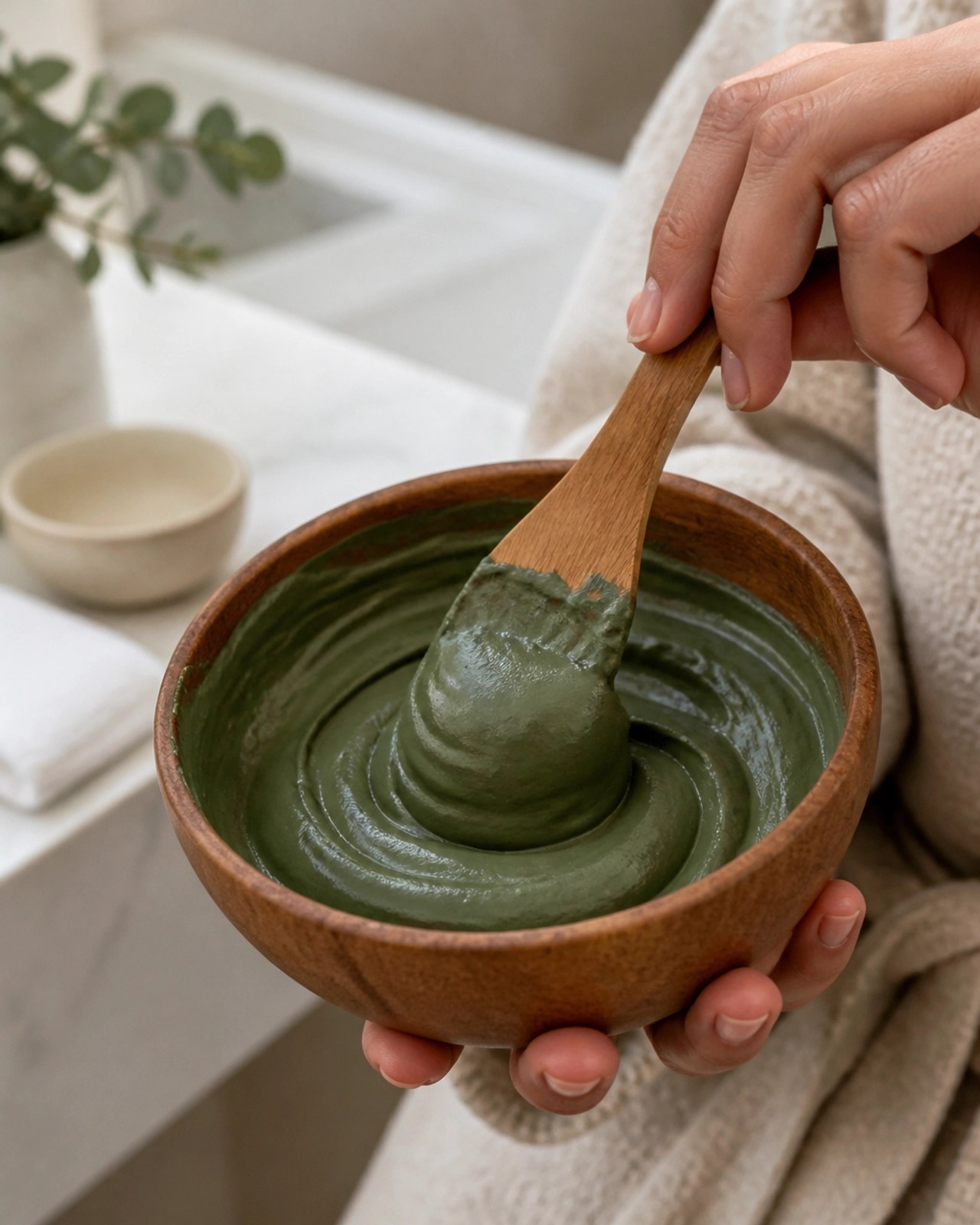 Close-up of smooth, rich French green clay being mixed in a bowl